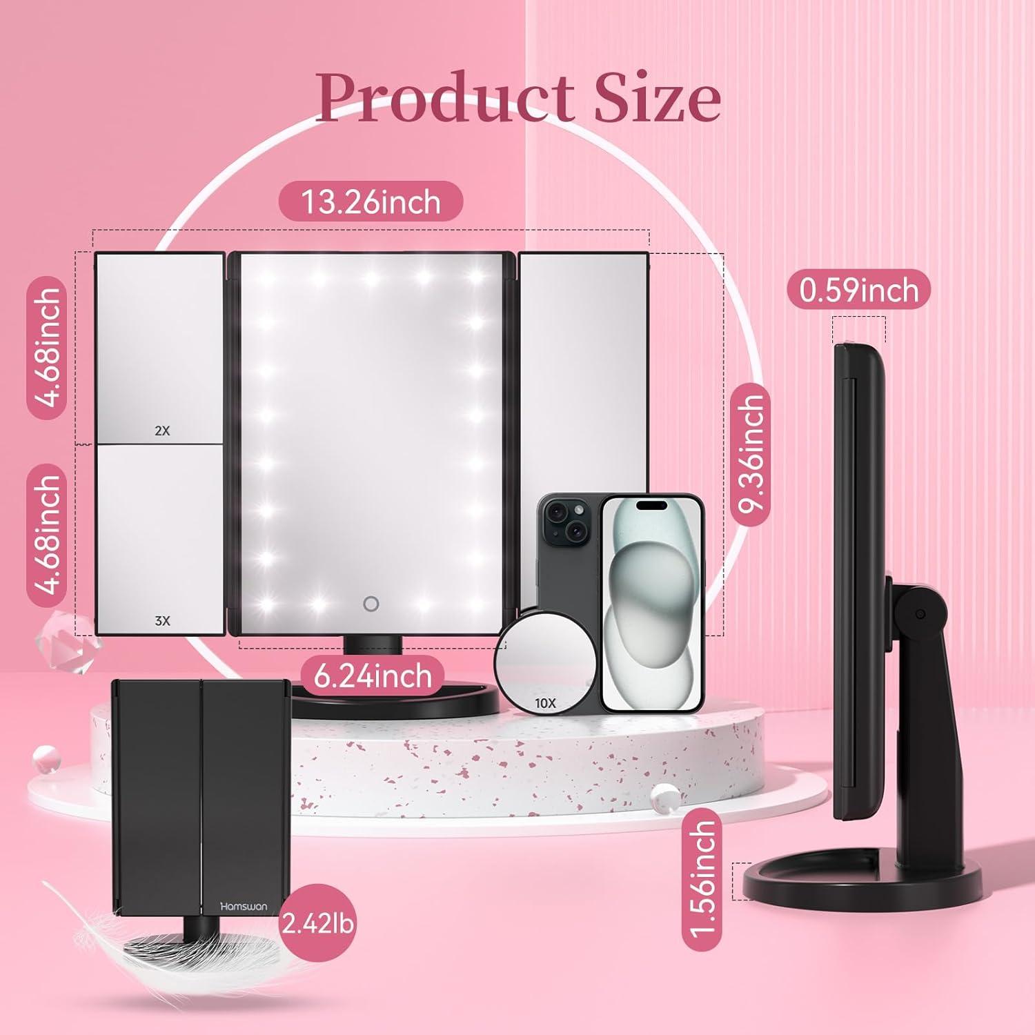 Makeup Mirror Vanity with Lights, 2X 3X 10X Magnification, Lighted Mirror, Touch Control, Trifold Dual Power Supply, Portable LED Women Gift (Black)