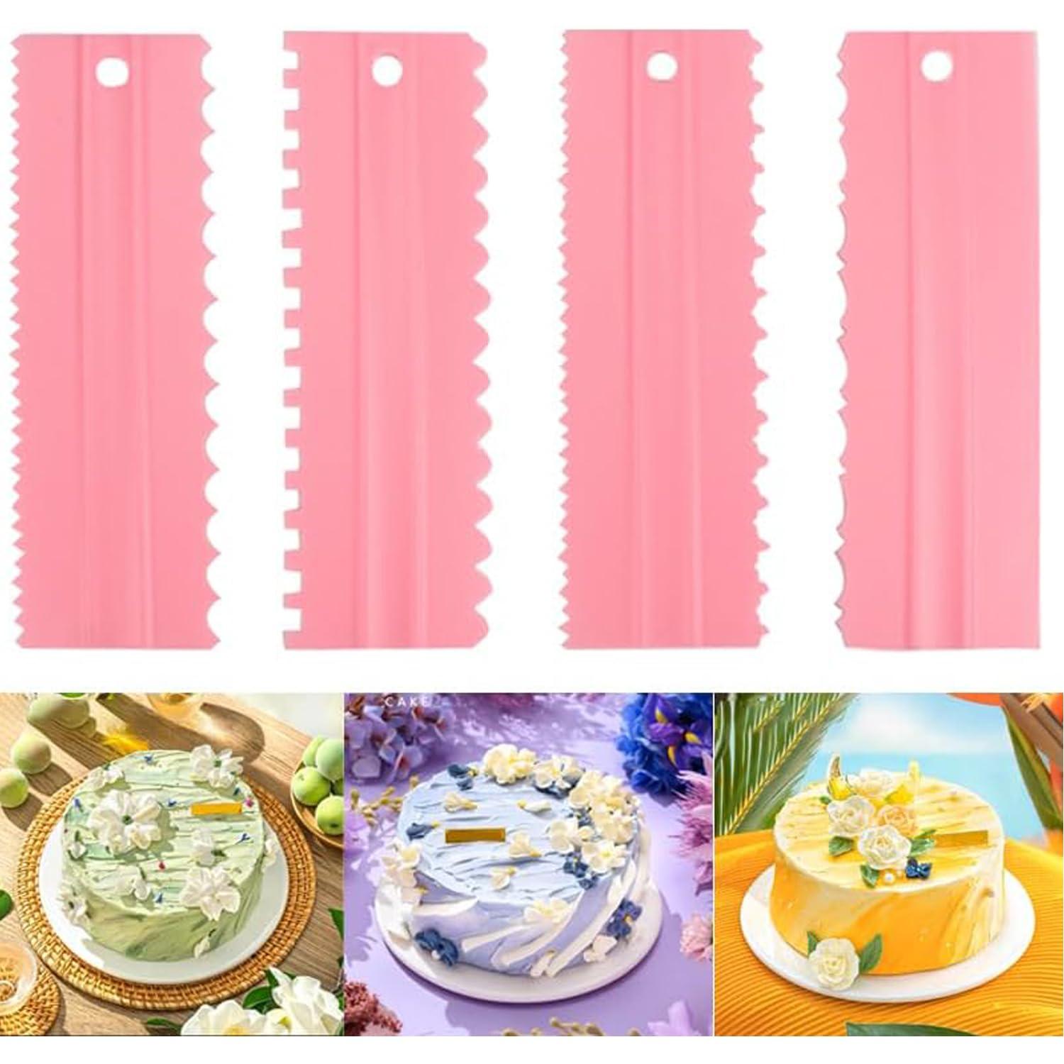 Pink Plastic Cake Decorating Scrapers Set with Multiple Textures