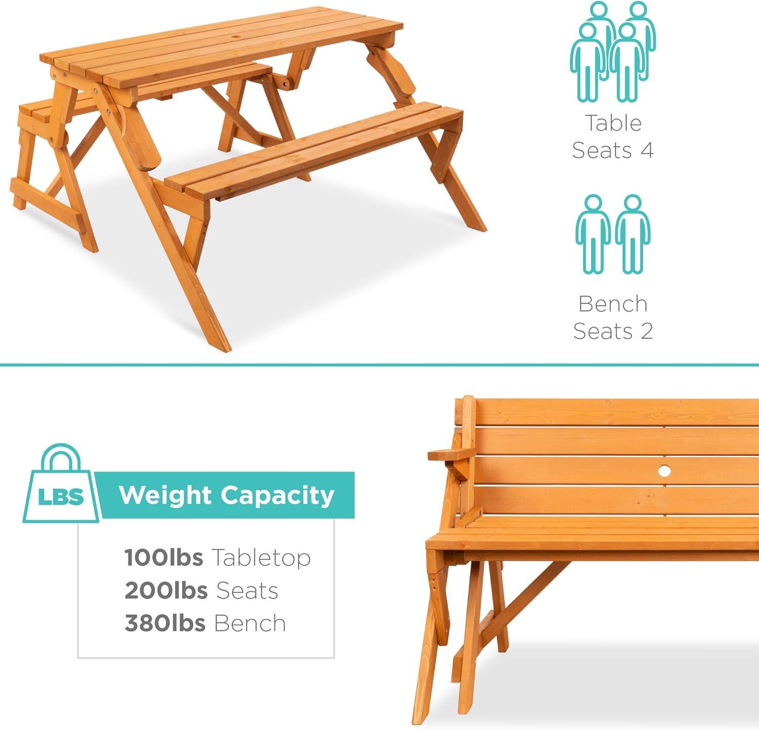 Best Choice Products 2-in-1 Outdoor Interchangeable Wooden Picnic Table/Garden Bench for w/ Umbrella Hole - Natural