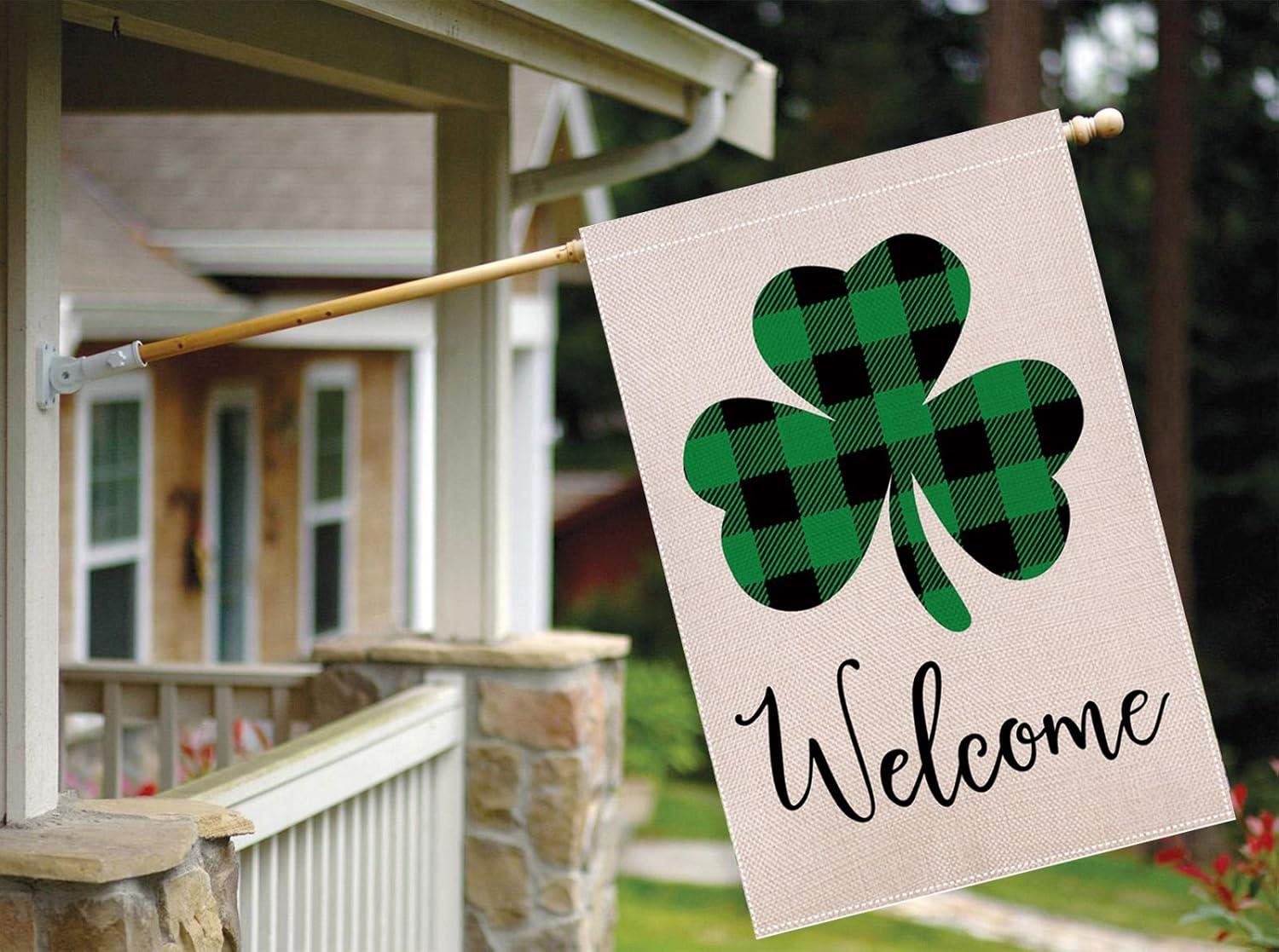 Shamrocks St. Patrick's Day Burlap House Flag Welcome 28" x 40" Briarwood Lane