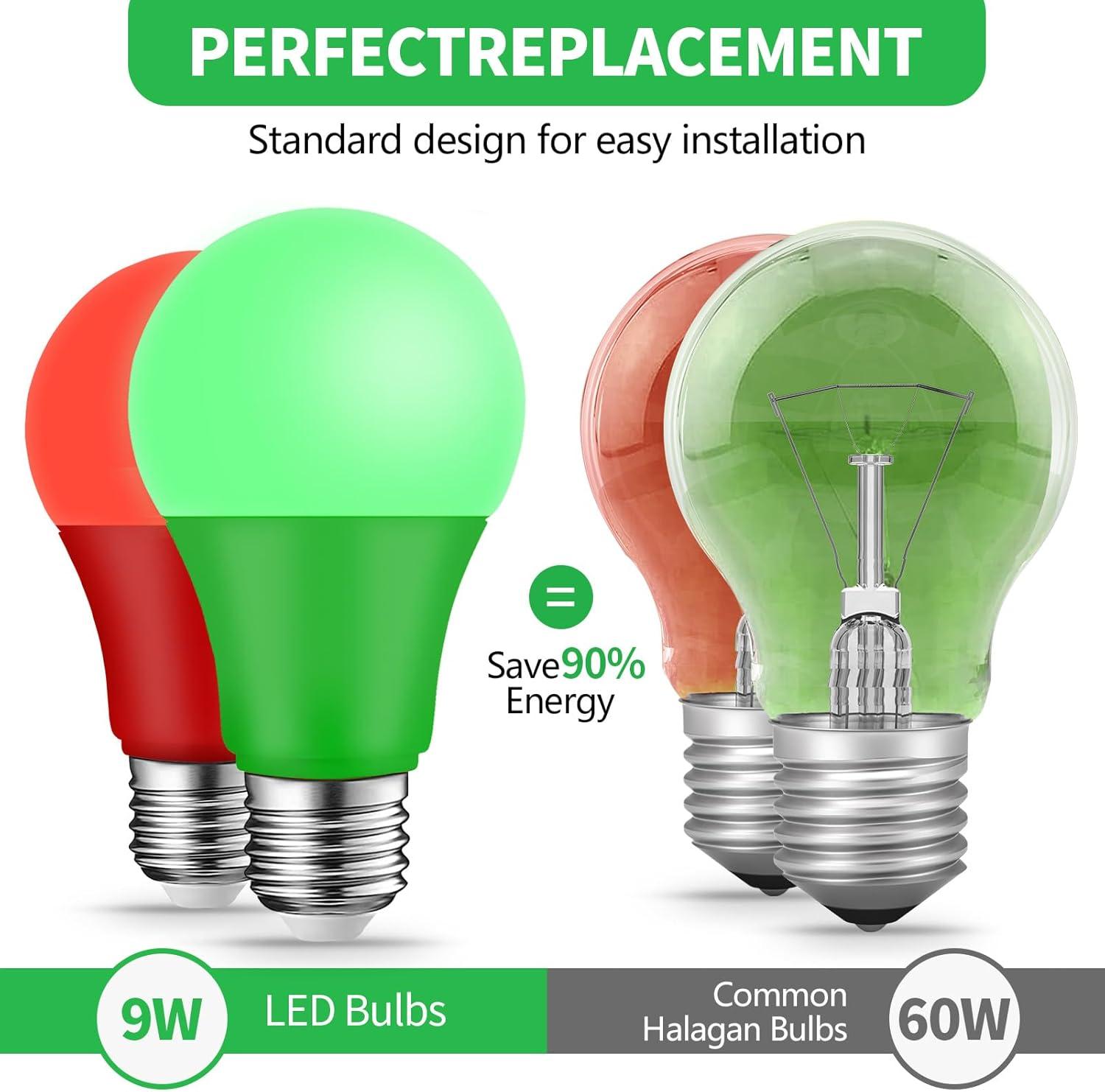 EDISHINE Green LED Light Bulbs for Holiday Party Decoration, A19 9W LED Bulbs 60W Equivalent E26 Base 4 Pack, ETL Listed