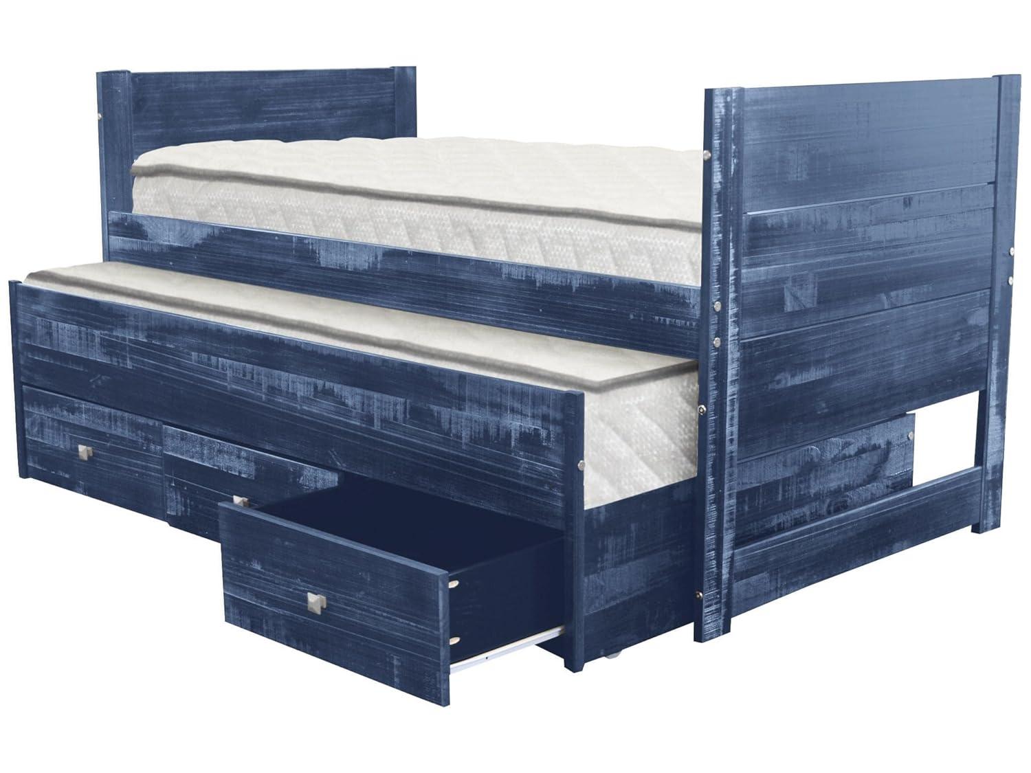 Bedz King All in One Twin Bed with Trundle and 3 Built in Drawers, Weathered Blue