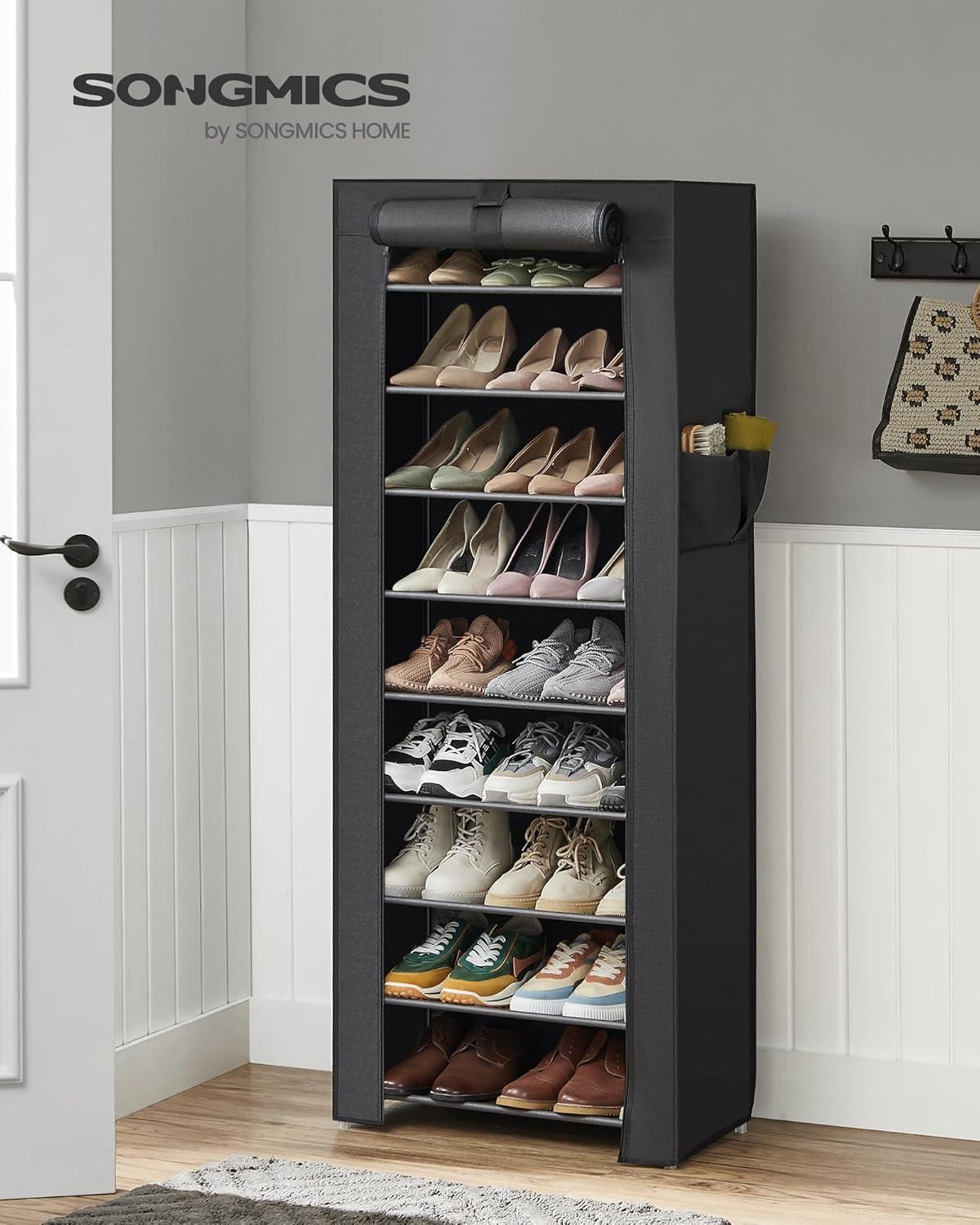 Black 9-Tier Fabric and Metal Shoe Rack with Cover