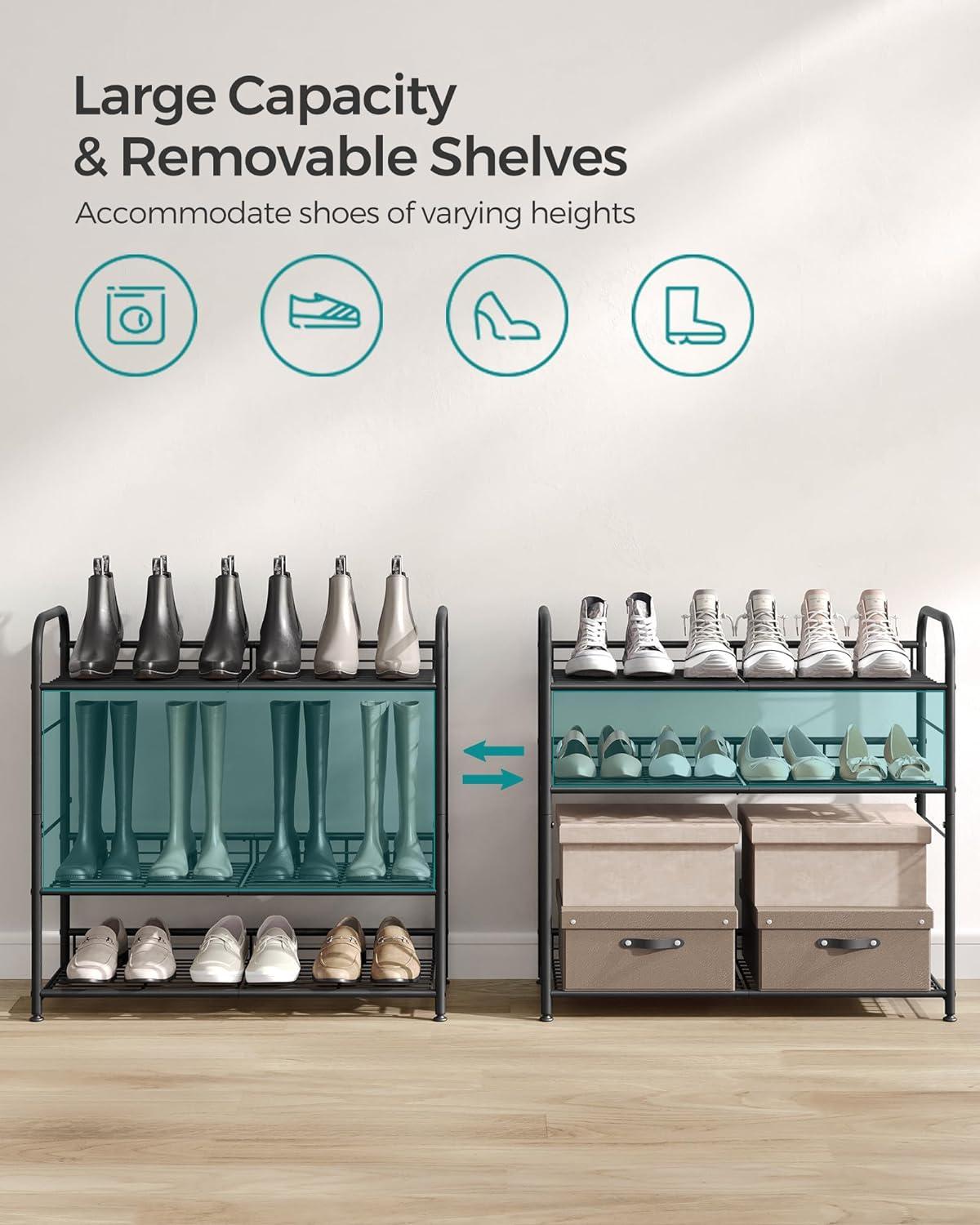 SONGMICS 4 Tier Shoe Rack Metal Stackable Shoes Rack Storage Shelf Holds up to 20 Pairs Shoes Adjustable Slanted Shelves Shoe Tower Organizer for Closet Entryway Small Spaces Black