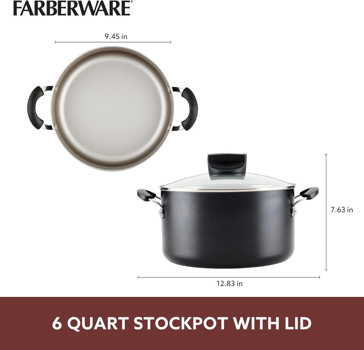 Farberware Smart Control 6qt Aluminum Covered Stock Pot Black: Nonstick Cooking Surface, Vented Glass Lid, Oven & Dishwasher Safe