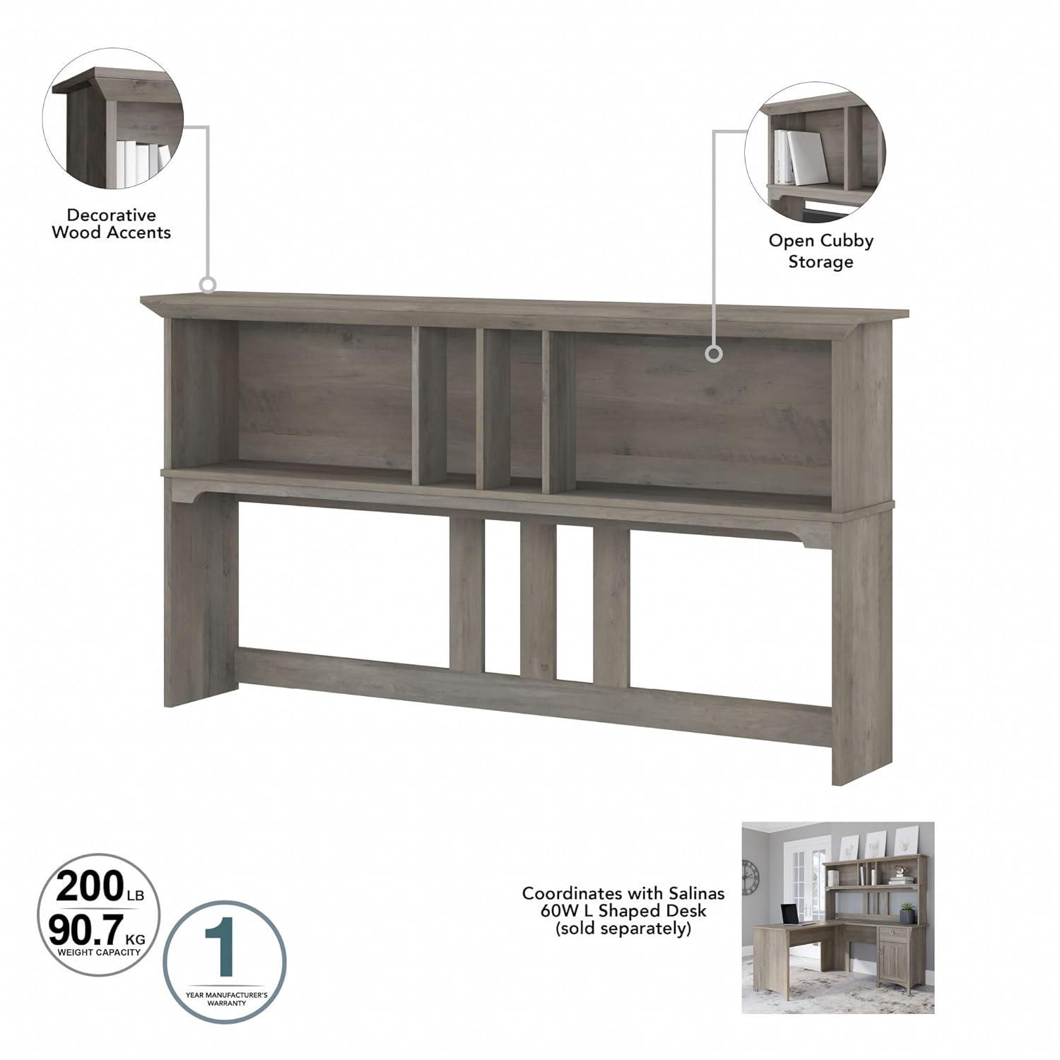 Bush Furniture Salinas 60" L Desk and Hutch with Storage, Driftwood Gray