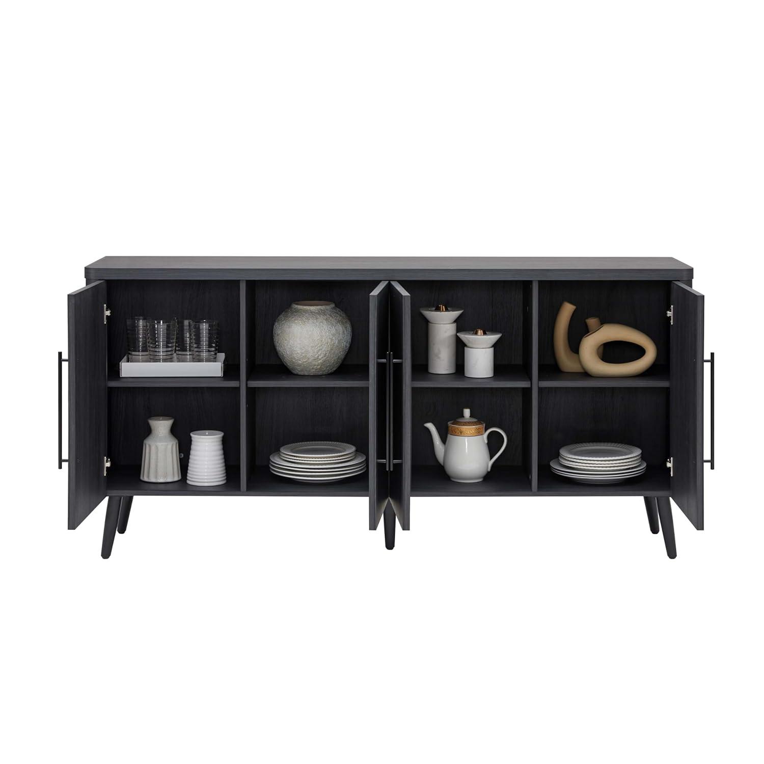 Manhattan Comfort Jodie 65" Mid-Century Modern Sideboard with 8 Adjustable Shelves in Charcoal Gray