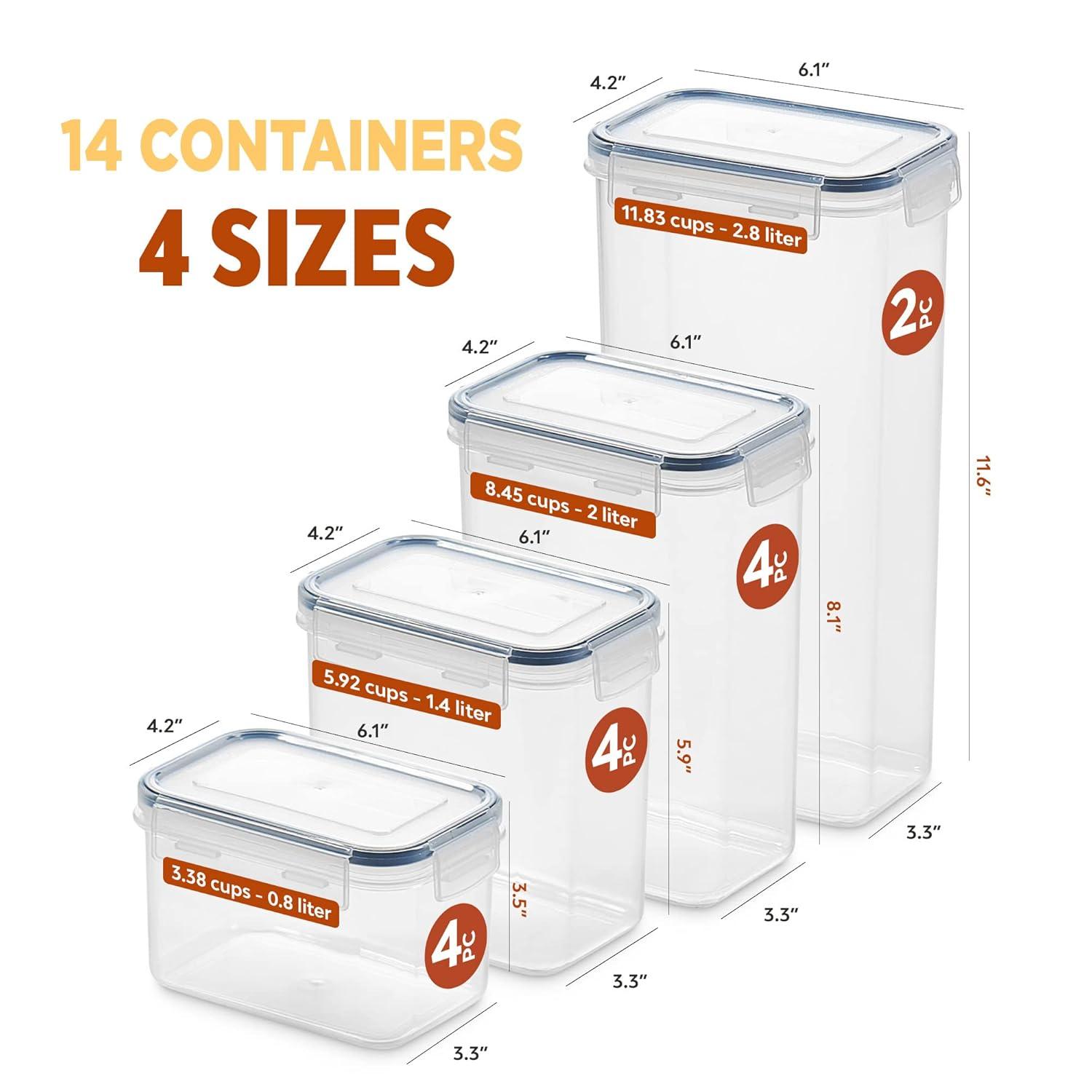 14 Pack Airtight Food Storage Container Set - BPA Free Clear Plastic Kitchen and Pantry Organization Canisters with Durable Lids for Cereal, Dry Food Flour & Sugar - Labels, Marker & Spoon Set