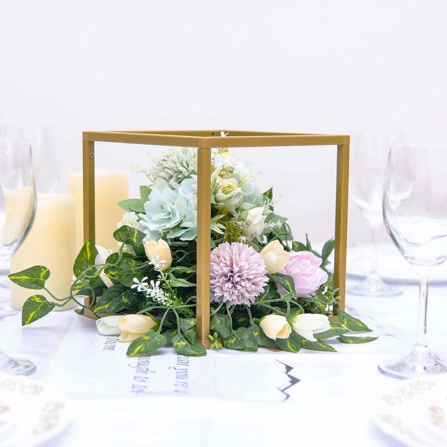 Efavormart 2 Pack 8" Square Gold Wedding Flower Stand Metal Column Stand Geometric Cube Vase