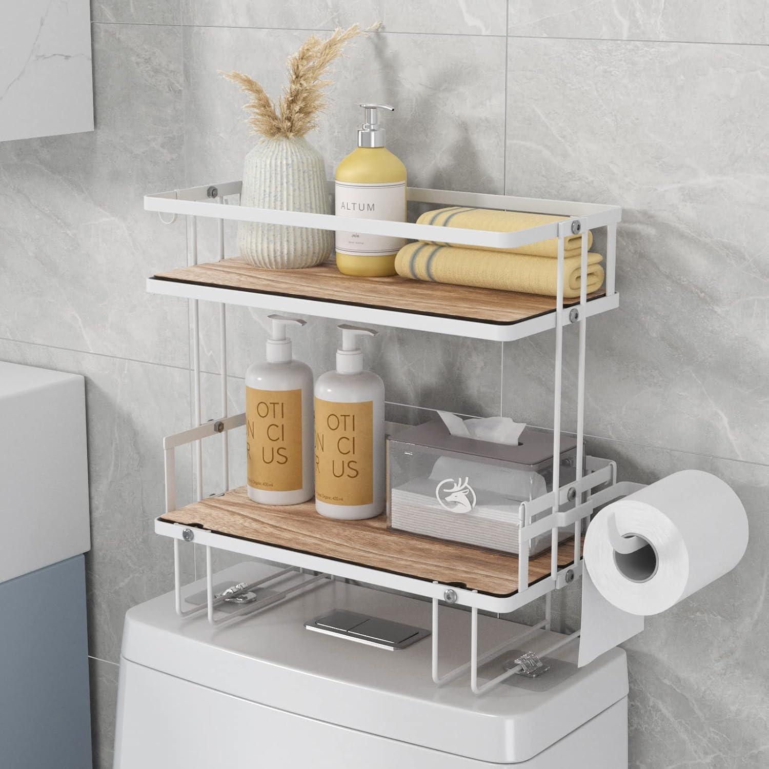 White Metal and Wood 2-Tier Over-the-Toilet Storage Shelf