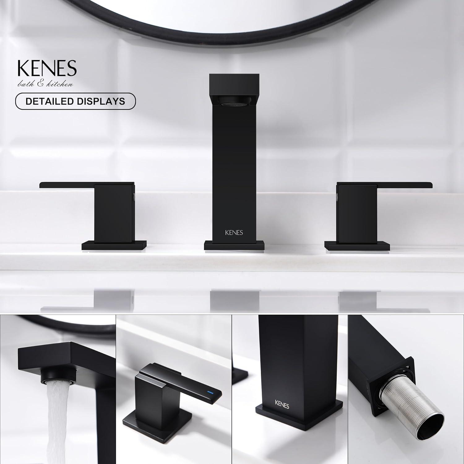 KENES Matte Black Widespread Bathroom Faucet Two Handle Bathroom Sink Faucets Black 3 Hole, 8-Inch 3 Pieces Bathroom Vanity Faucet Lavatory Faucet with Supply Lines, KE-9050-2