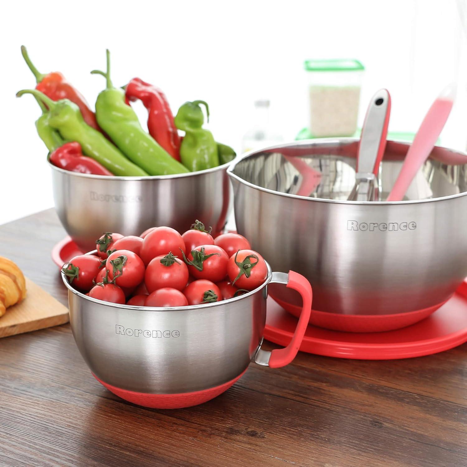 Stainless Steel Mixing Bowl Set with Red Silicone Lids