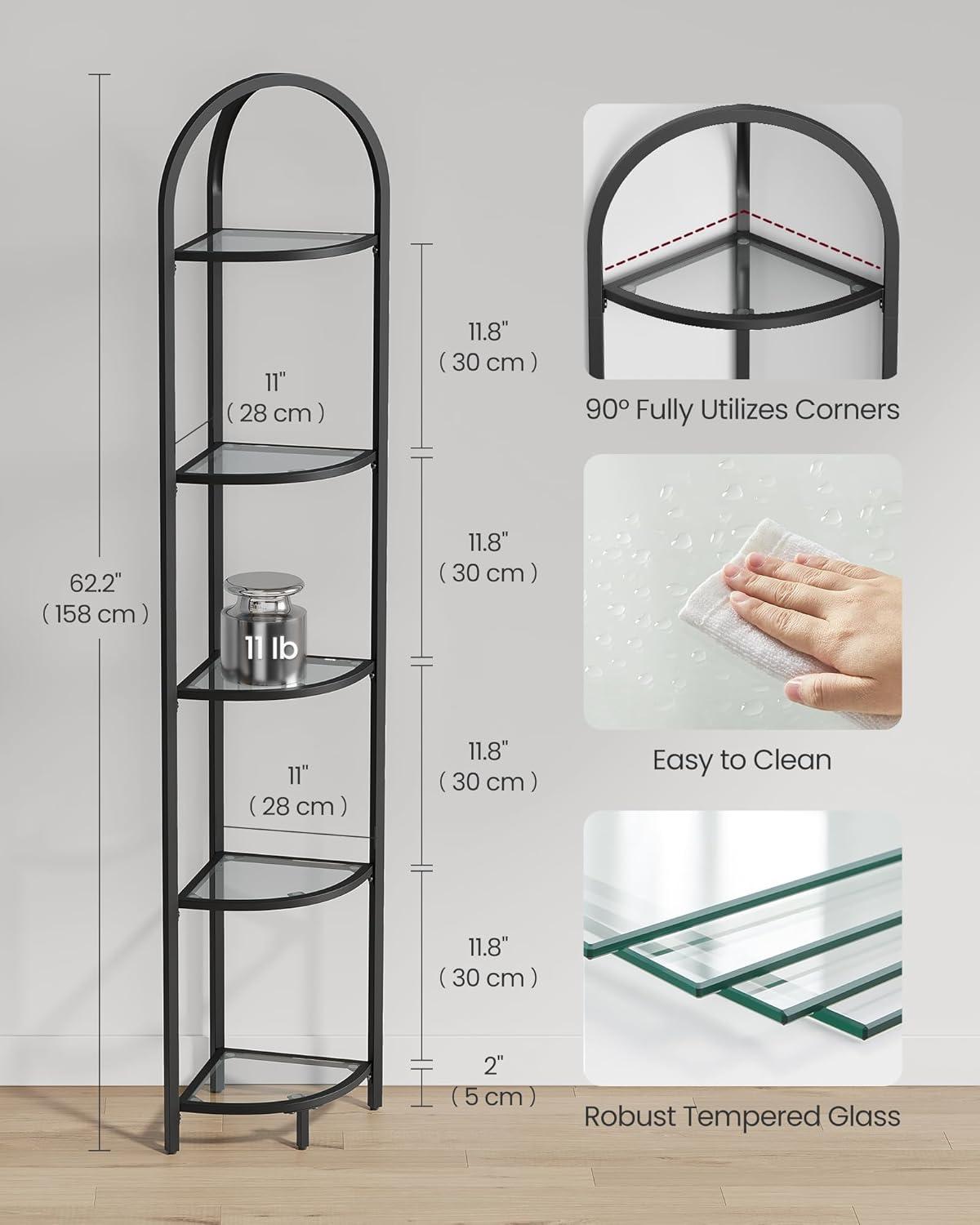 HOOBRO 5-Tier Corner Shelf Stand, Black Corner Bookshelf, Tempered Glass Shelves, Bathroom Organizer, Corner Plant Stand, for Living Room, Study, Balcony, Home Office, Modern Style, Black BK15CJ01