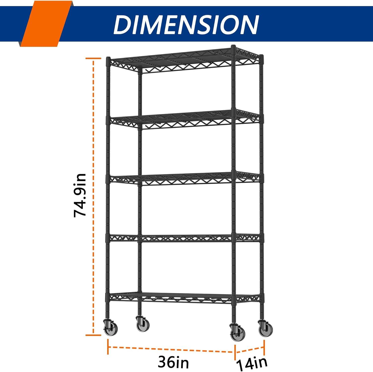 Black 5-Shelf Adjustable Metal Wire Storage Rack with Wheels