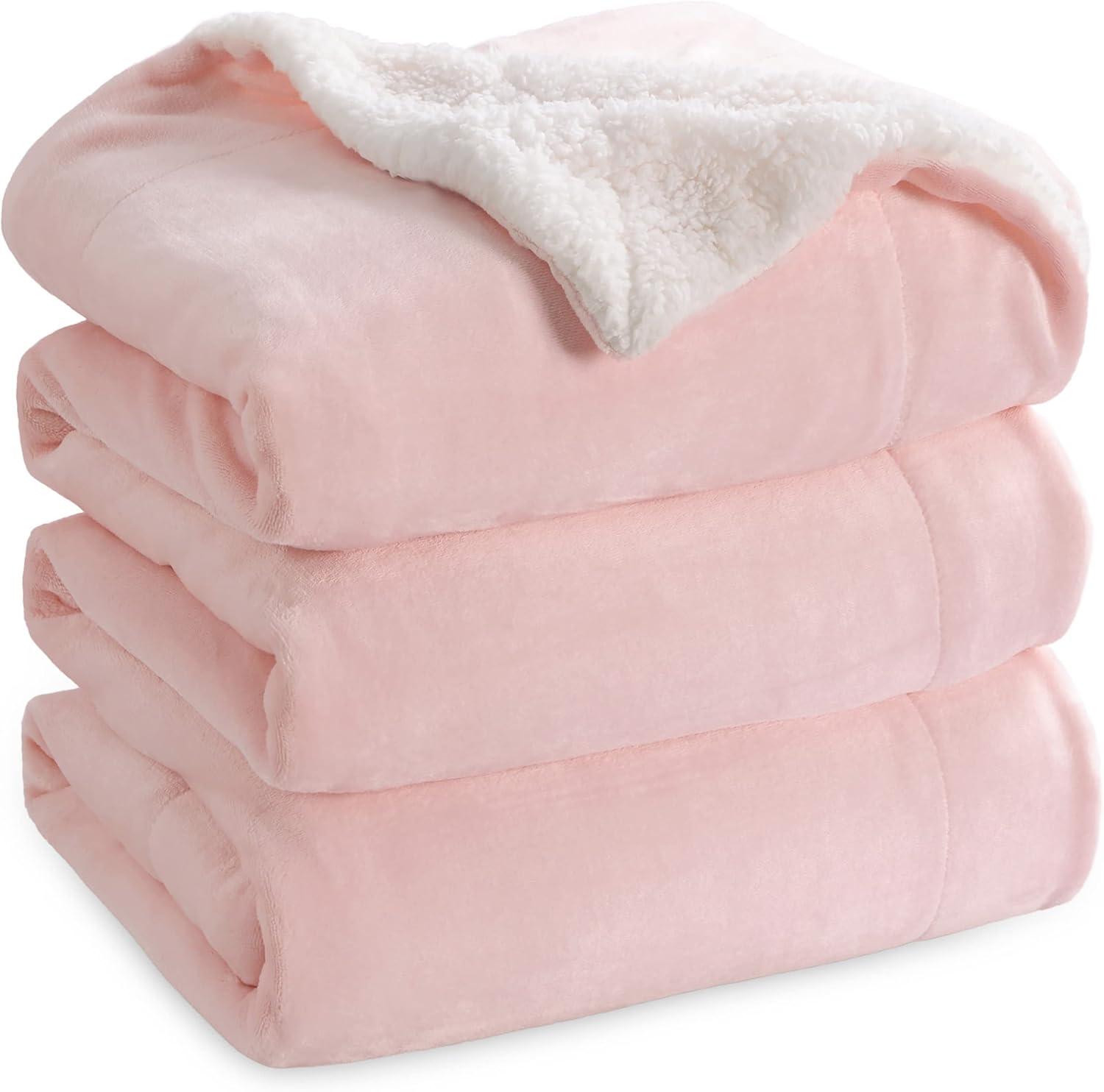 Queen Pink Reversible Sherpa Fleece Throw Blanket