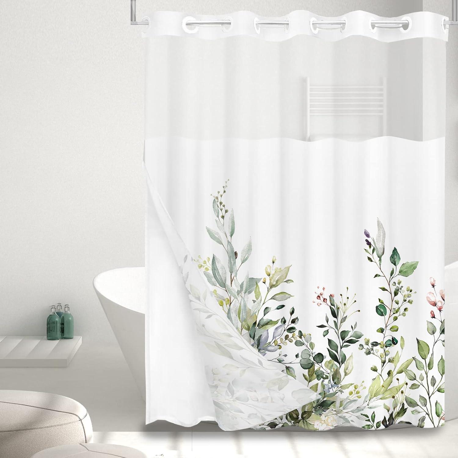 No Hook Shower Curtain with Snap in Liner, Eucalyptus Leaf Vintage Sage Green Leaves Hotel Shower Curtains for Bathroom, Washable Shower Curtain Liner Set with Mesh Top Window, 66"x72"