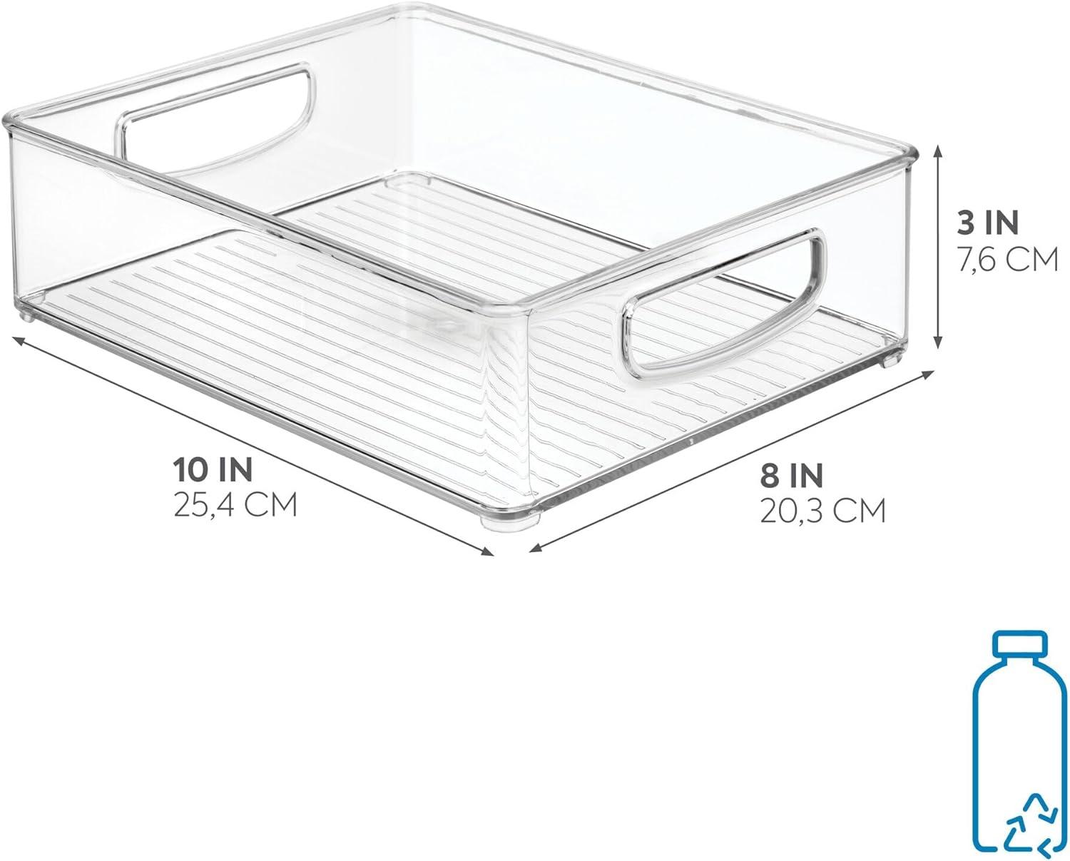 Clear Rectangular Stackable Kitchen Organizer Bin with Integrated Handles, 10" x 8" x 3"