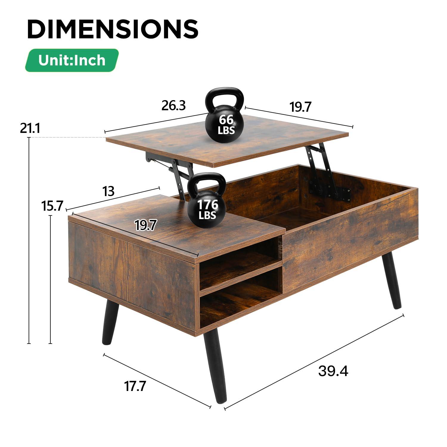 PayLessHere 39" Lift Top Coffee Table with Adjustable Storage and Hidden Compartment Small Wood Coffee Table Center Table for Home Living Room Office Apartment Reception Room,Brown