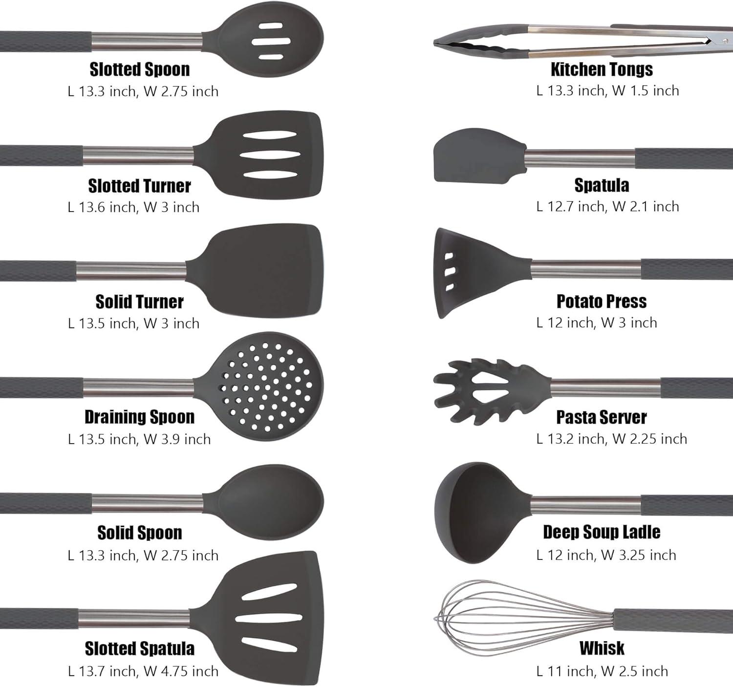 Kitchen Utensil Sets: Silicone Cooking Utensil with Stainless Steel Handle Set of 12 (Gray)