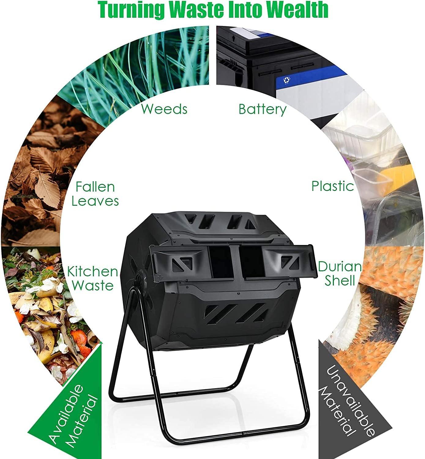 HomGarden Composting Tumbler 43gal Composter Bin W/ Dual Chamber BPA Free Black