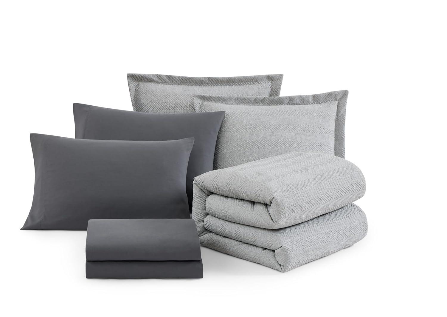 Geniospin Queen Comforter Set, Bed in A Bag 7-Pieces, Light Grey Textured All Season Comfortable Bedding Sets with Comforter, Sheets, Pillowcases & Shams (Light Grey, 90"x90")