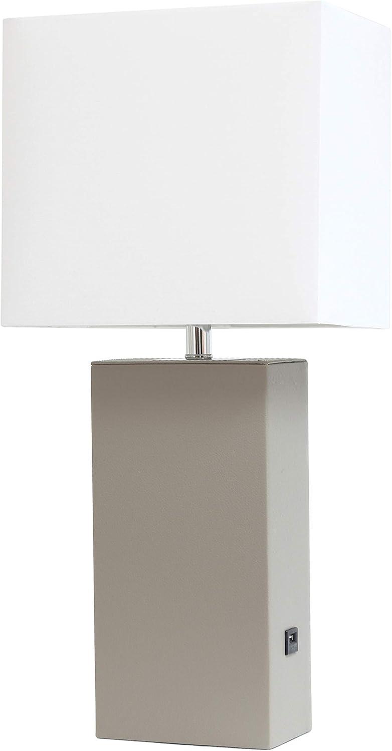 Modern Leather Table Lamp with USB and Fabric Shade Gray/White - Elegant Designs: Chic USB Charging Port, Linen Shade, No Assembly Required