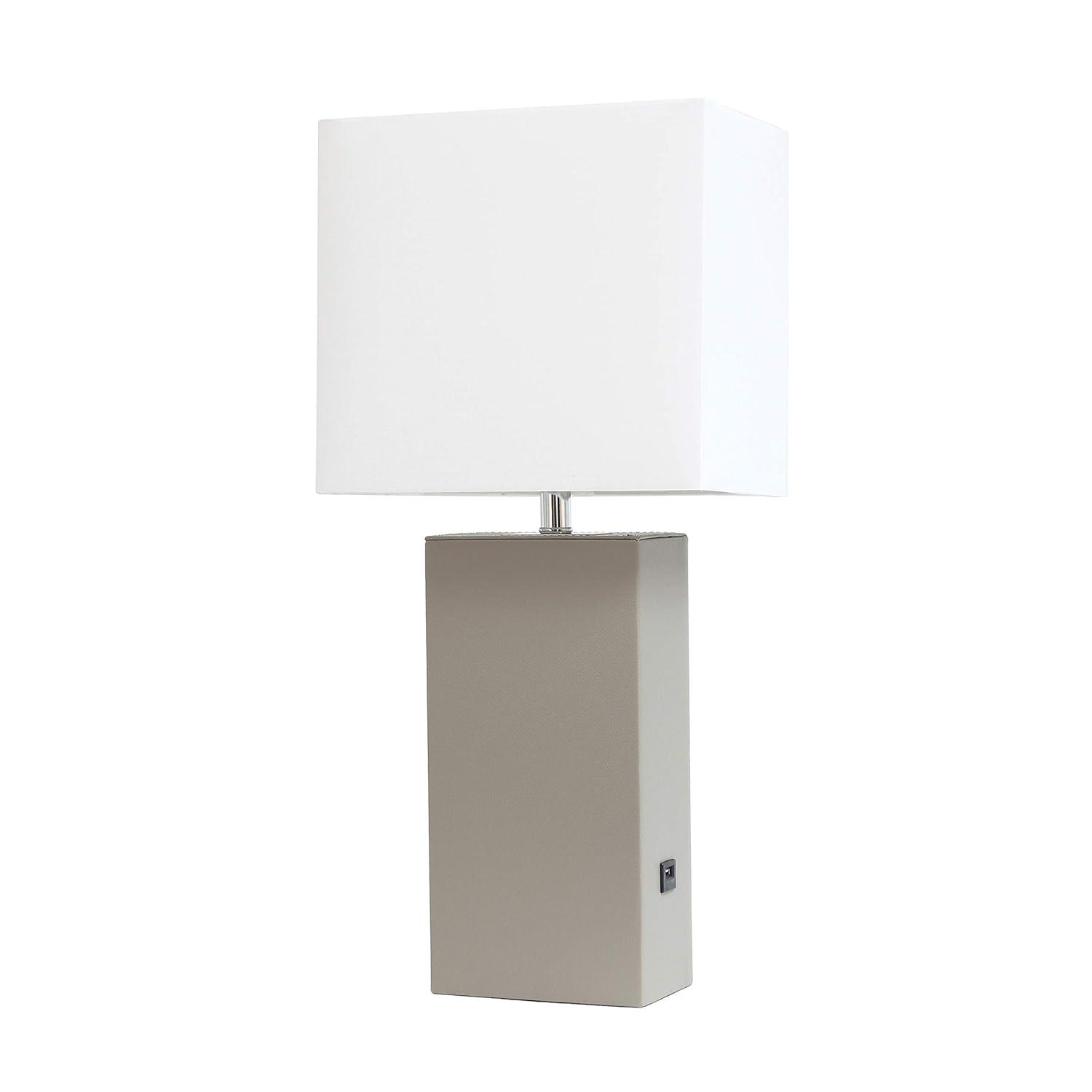 Modern Leather Table Lamp with USB and Fabric Shade Gray/White - Elegant Designs: Chic USB Charging Port, Linen Shade, No Assembly Required