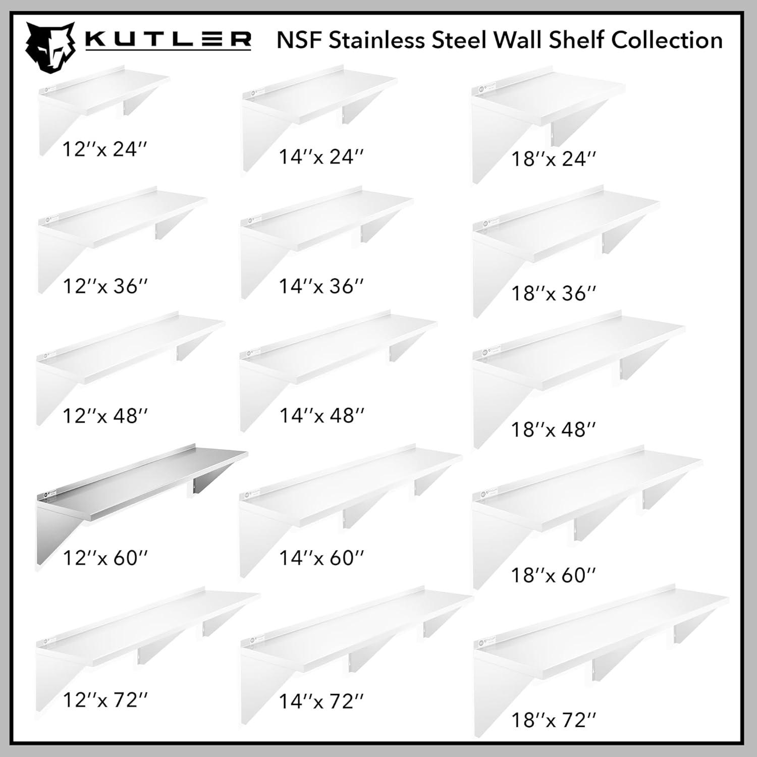 KUTLER Stainless Steel Shelf, NSF Commercial Wall Mount Shelves w/ Backsplash, Floating Metal Mounted Shelving for Restaurant, Kitchen, Home