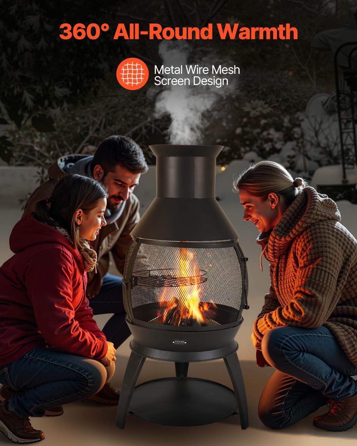 VEVOR Chiminea, 22 Inch Outdoor Wood Burning Firepit, Iron Spherical Fireplace for BBQ & Warming, Wooden Fire Pit with Grill Mesh, Chimney Coat & Rustproof Chiminea Lid, for Patio, Garden, Backyard