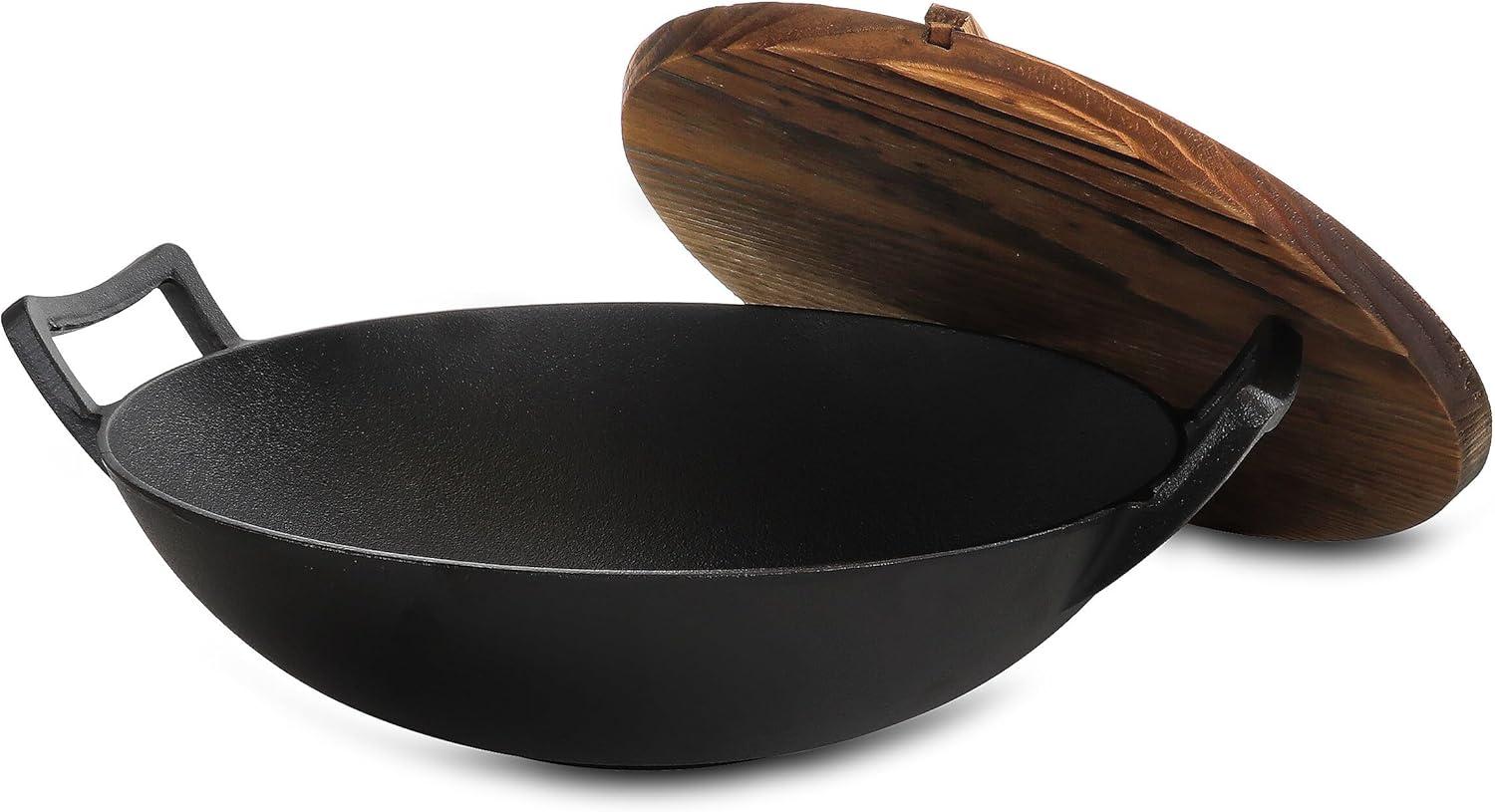 MegaChef 14 Inch Heavy Duty Cast Iron Wok with Wood Lid