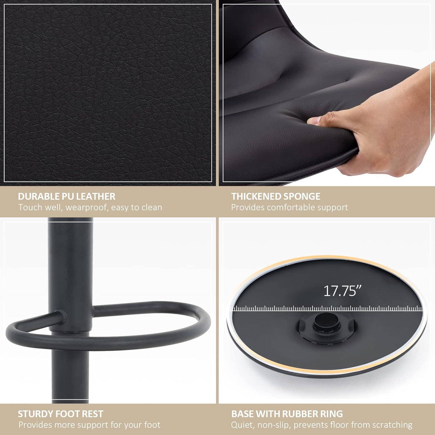 Brage Living Adjustable Bar Stools Set of 2, Modern PU Leather Swivel Counter Height Barstools with Back, Armless Airlift Curved Bar Chairs for Kitchen Dining Cafe (Black, Black Base)