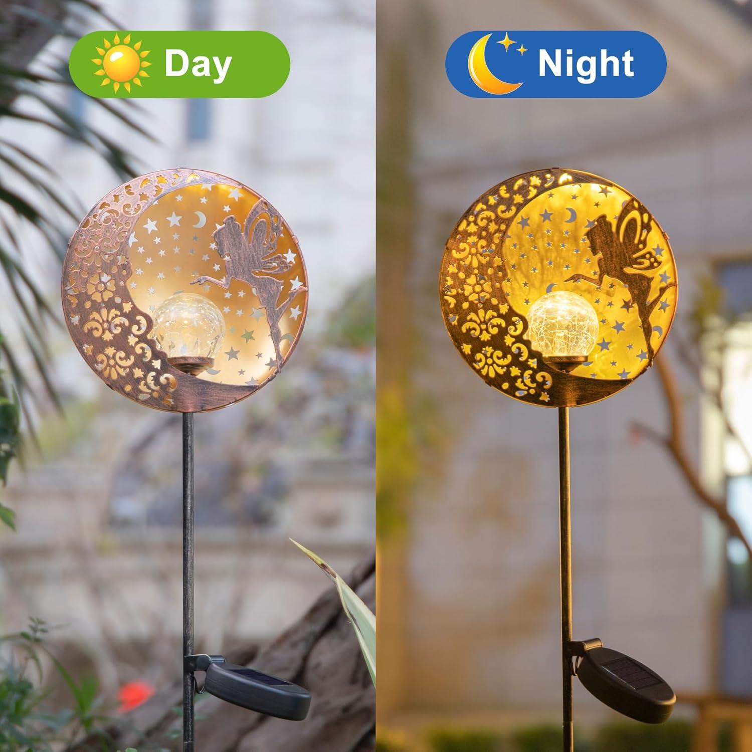 Tryme Solar Fairy Garden Lights - BSL1 Moon Star Glass Globe Pathway Stake, Waterproof Outdoor Decorative Lights for Patio, Yard, Lawn