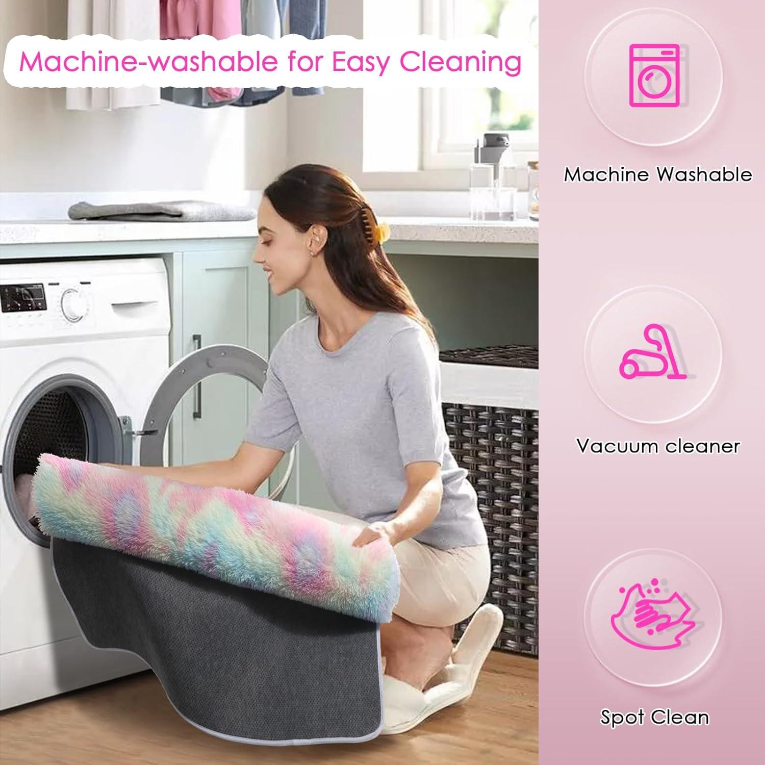 Amdrebio Rainbow Unicorn Colorful Kids Rugs for Girls Bedroom, 8x10 Fluffy Shag Area Rugs for Playroom Classroom, Large Pastel Room Decor Aesthetic, Cute Fuzzy Kawaii Princess Carpet for Baby Toddler