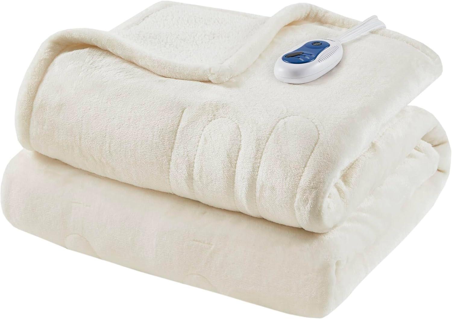 Ivory Sherpa Electric Heated Reversible Throw Blanket