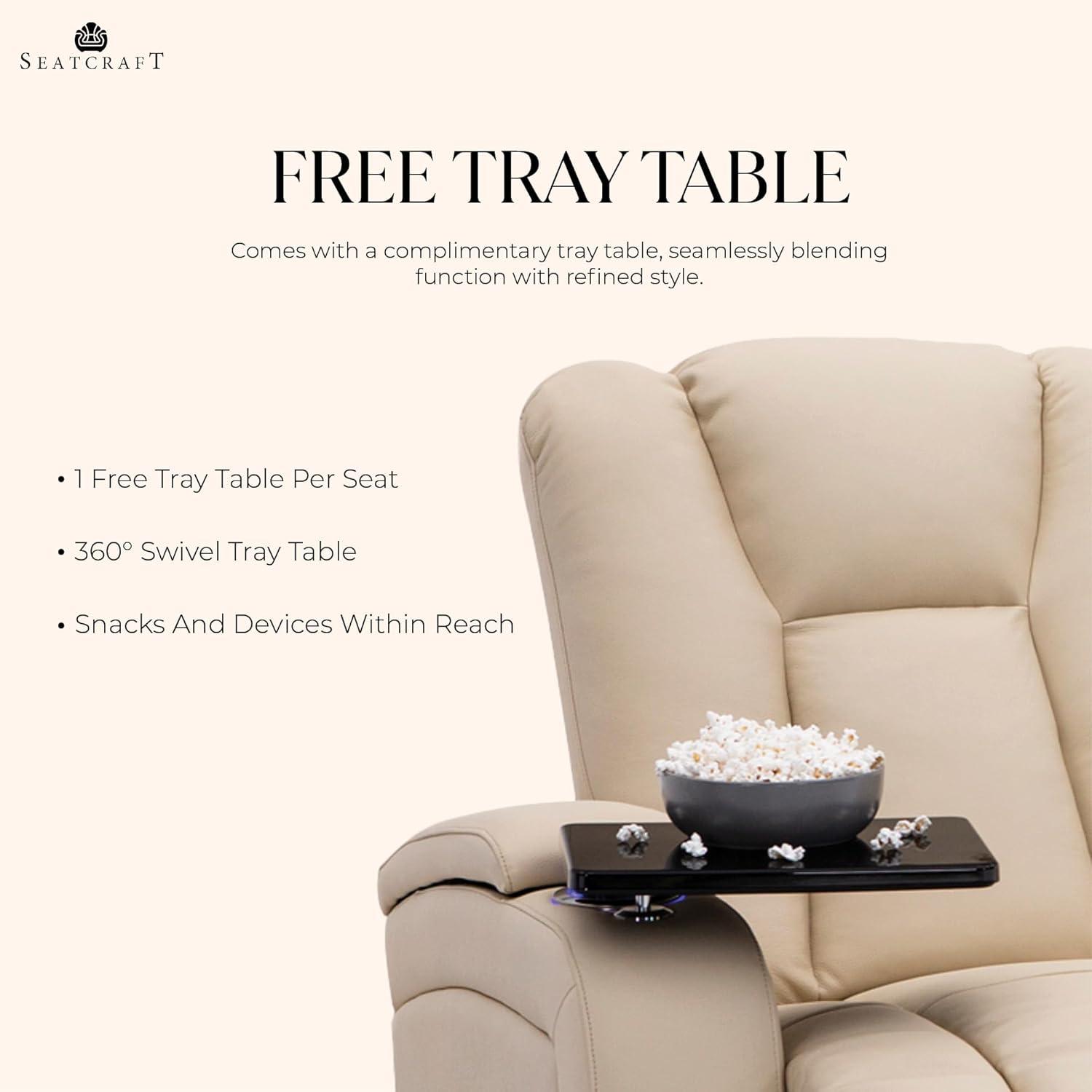 Seatcraft Serenity Italian Leather Home Theater Seating - Living Room - Power Recline - Tray Tables - in-Arm Storage - Ambient Base Lighting and Lighted Cupholders (Row of 4 Middle Loveseat, Cream)