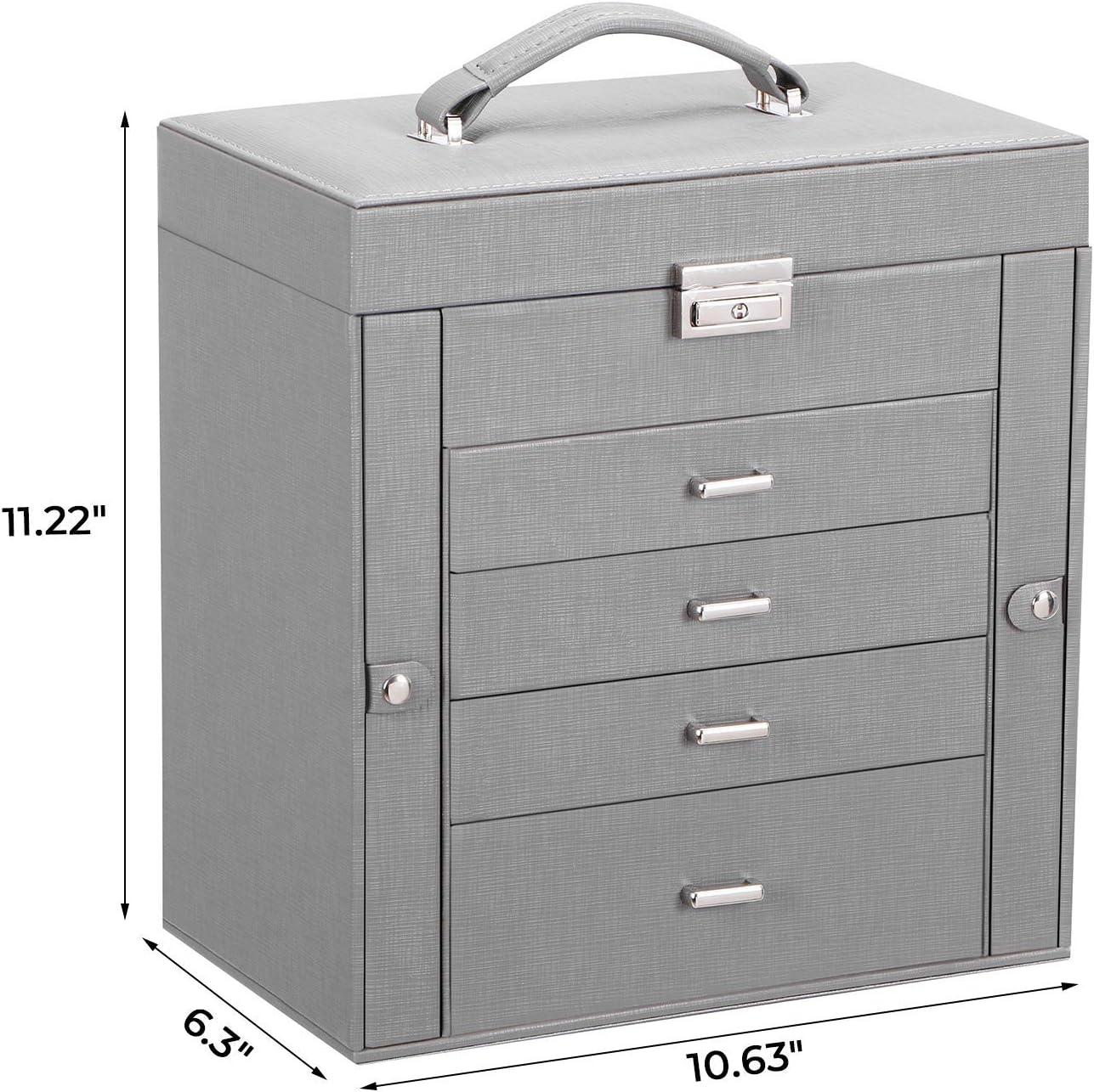 Gray Faux Leather Lockable Jewelry Box with Mirror and Drawers