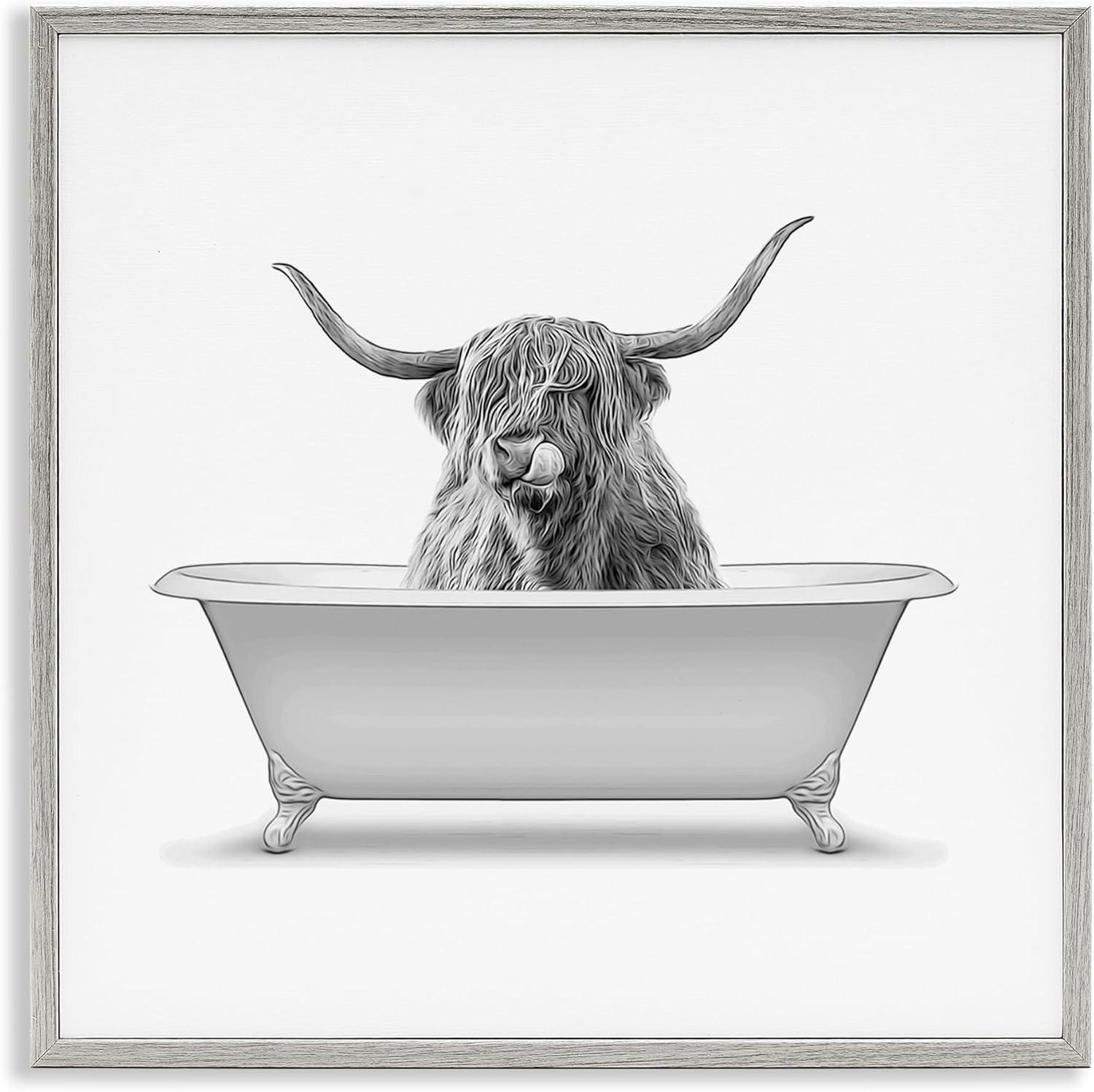 Stupell Longhorn Highland Cow Bath Tub Framed Giclee