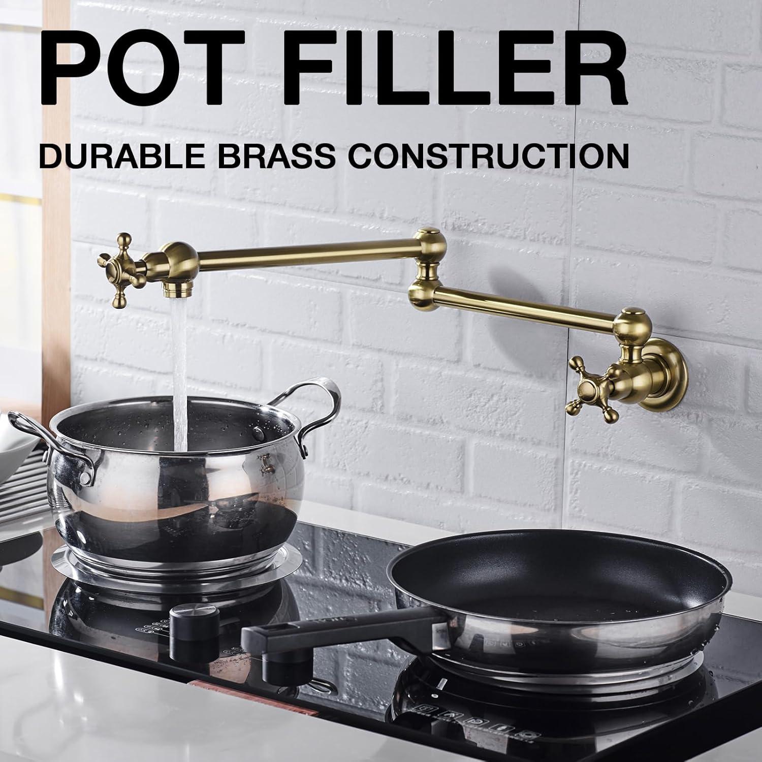 Besdor Pot Filler Faucet Brushed Gold Wall Mount Over Stove Faucet, Commercial Brass Pot Filler Faucet Gold, Double Joint Swing Arms, Single Hole Two Handles Folding Kitchen Faucet