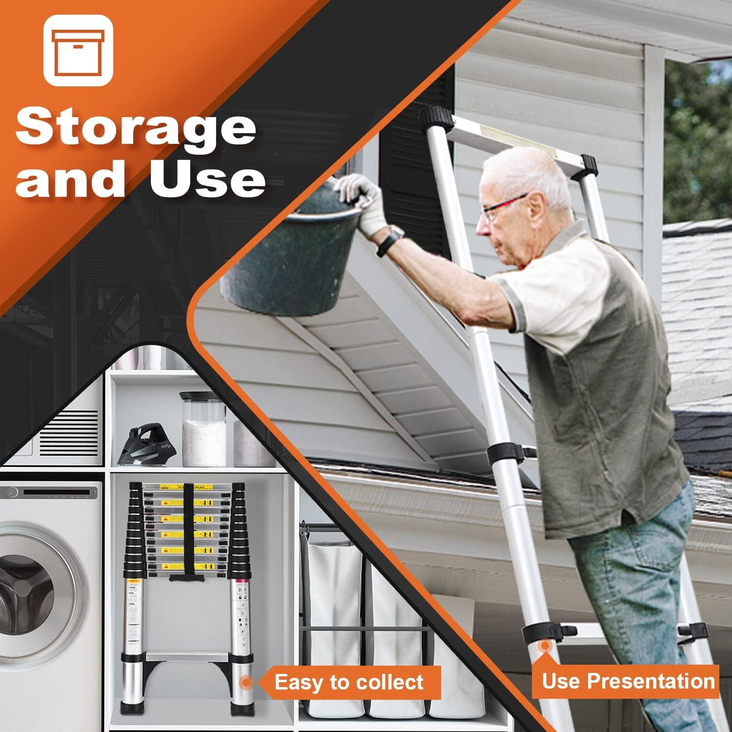 Heavy Duty Black Aluminum Telescopic Extension Ladder with Stabilizers
