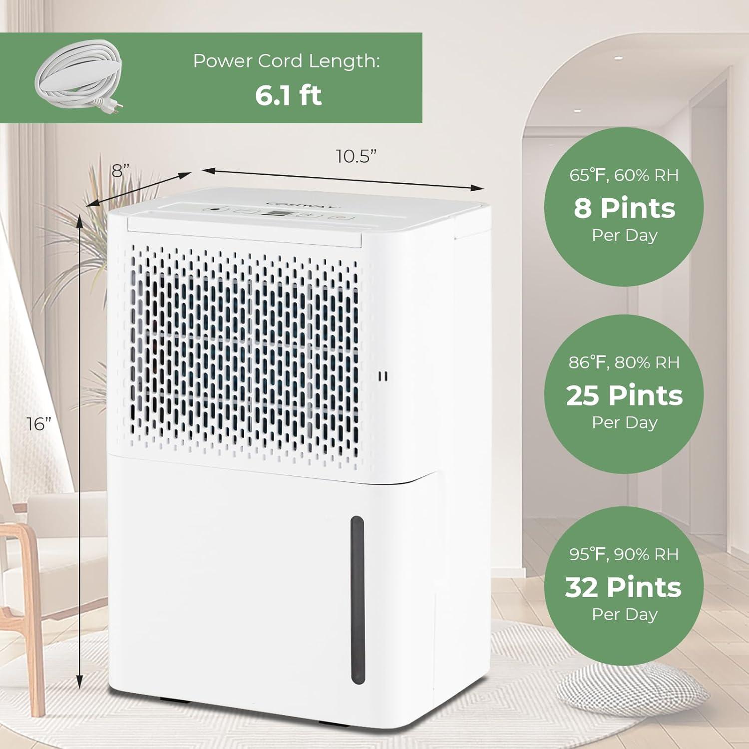 Costway 32 Pint Dehumidifier 2000 Sq. Ft Portable with 3 Modes & 24H Timer Home Basement