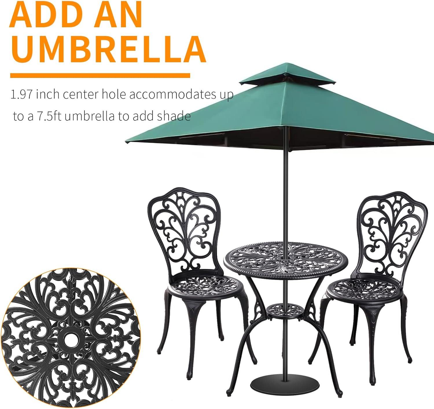 Black Cast Aluminum 3-Piece Outdoor Bistro Set with Floral Design