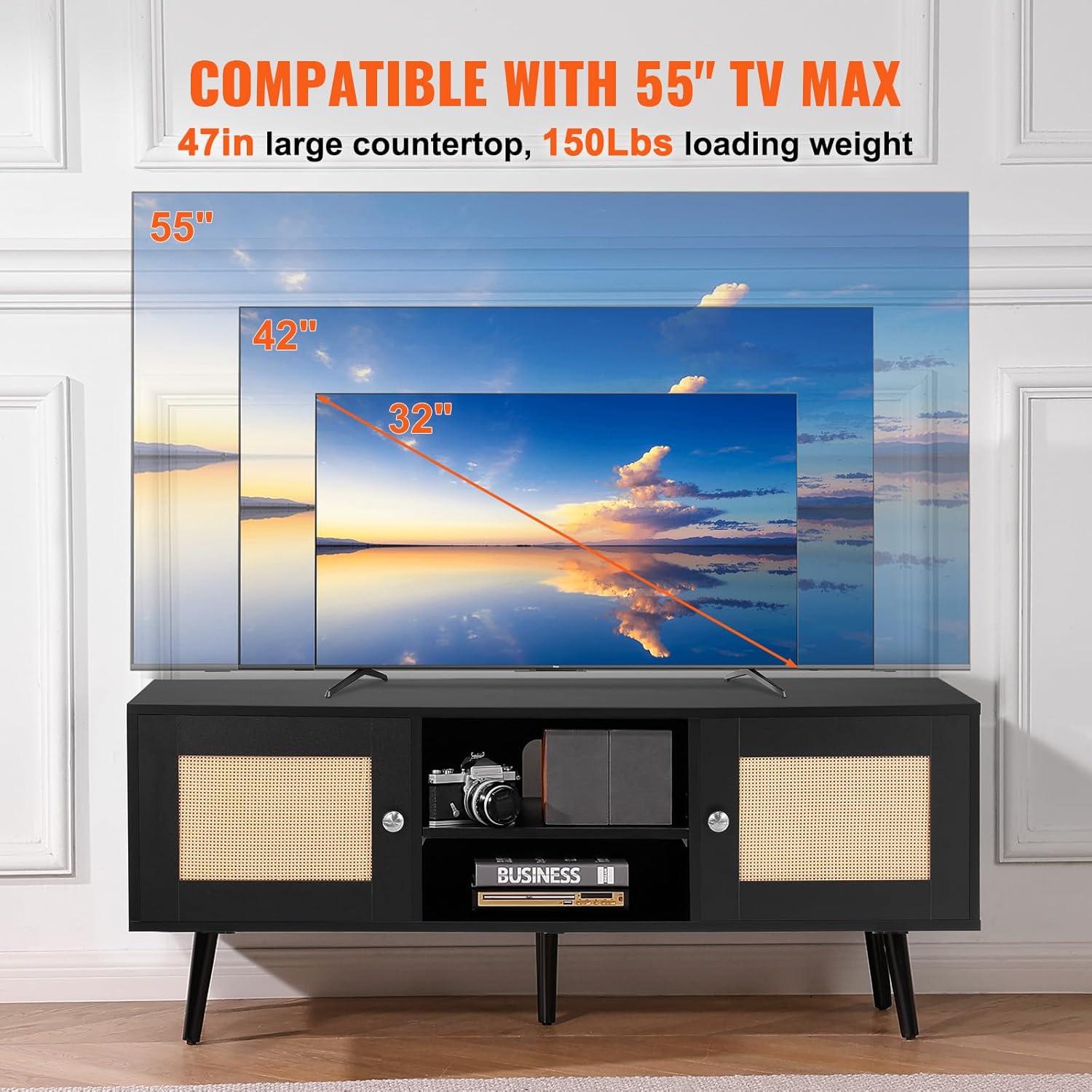 Rattan TV Stand, Boho TV Cabinet for 55 inch TV, Mid Century Modern TV Stand, Rattan TV Console with Adjustable Shelfs for Living Room, Media Room, Black