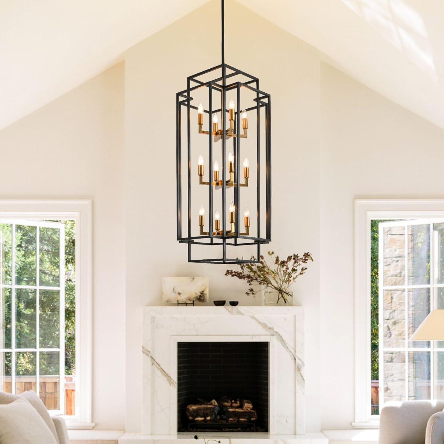 Black and Gold Metal 12-Light Lantern Chandelier