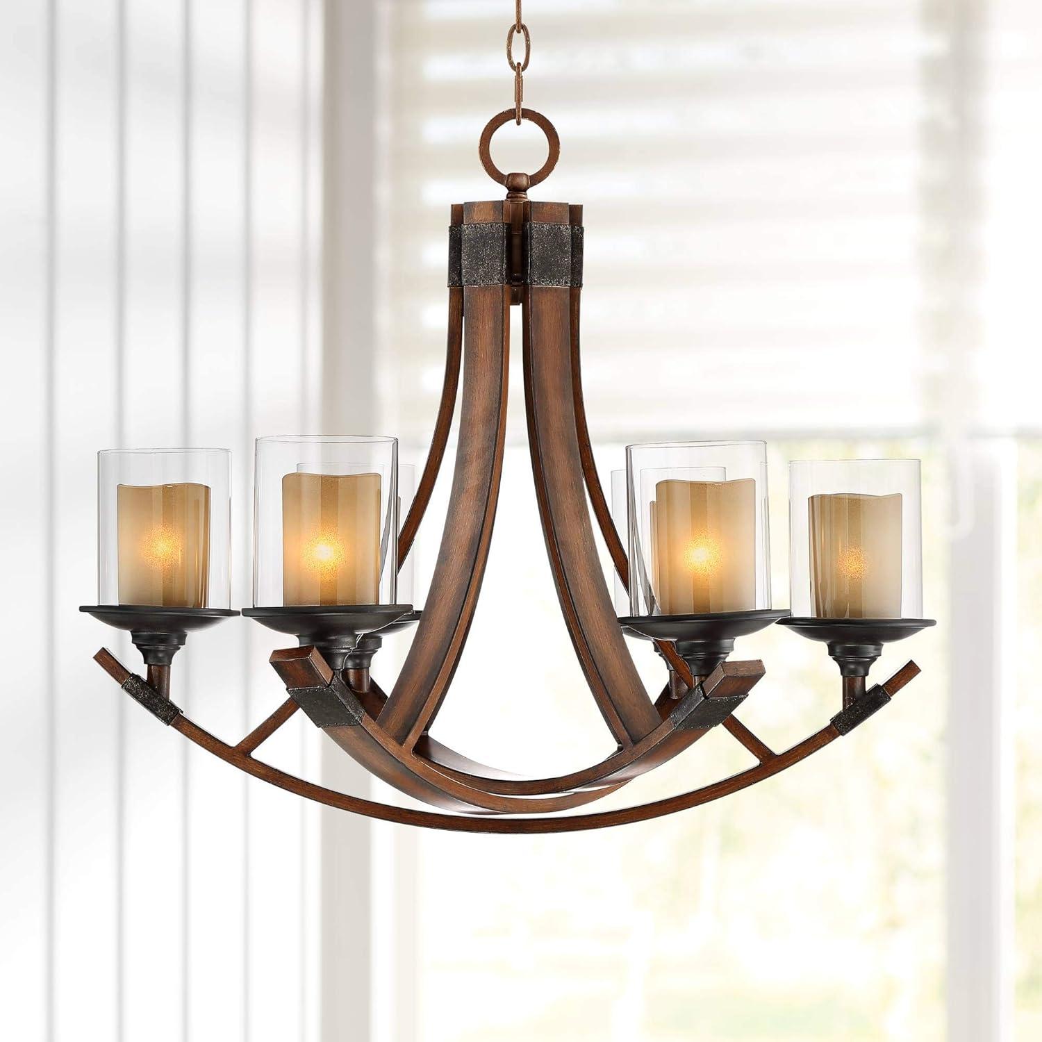 Mahogany and Bronze Rustic Candle Chandelier with Glass Shades