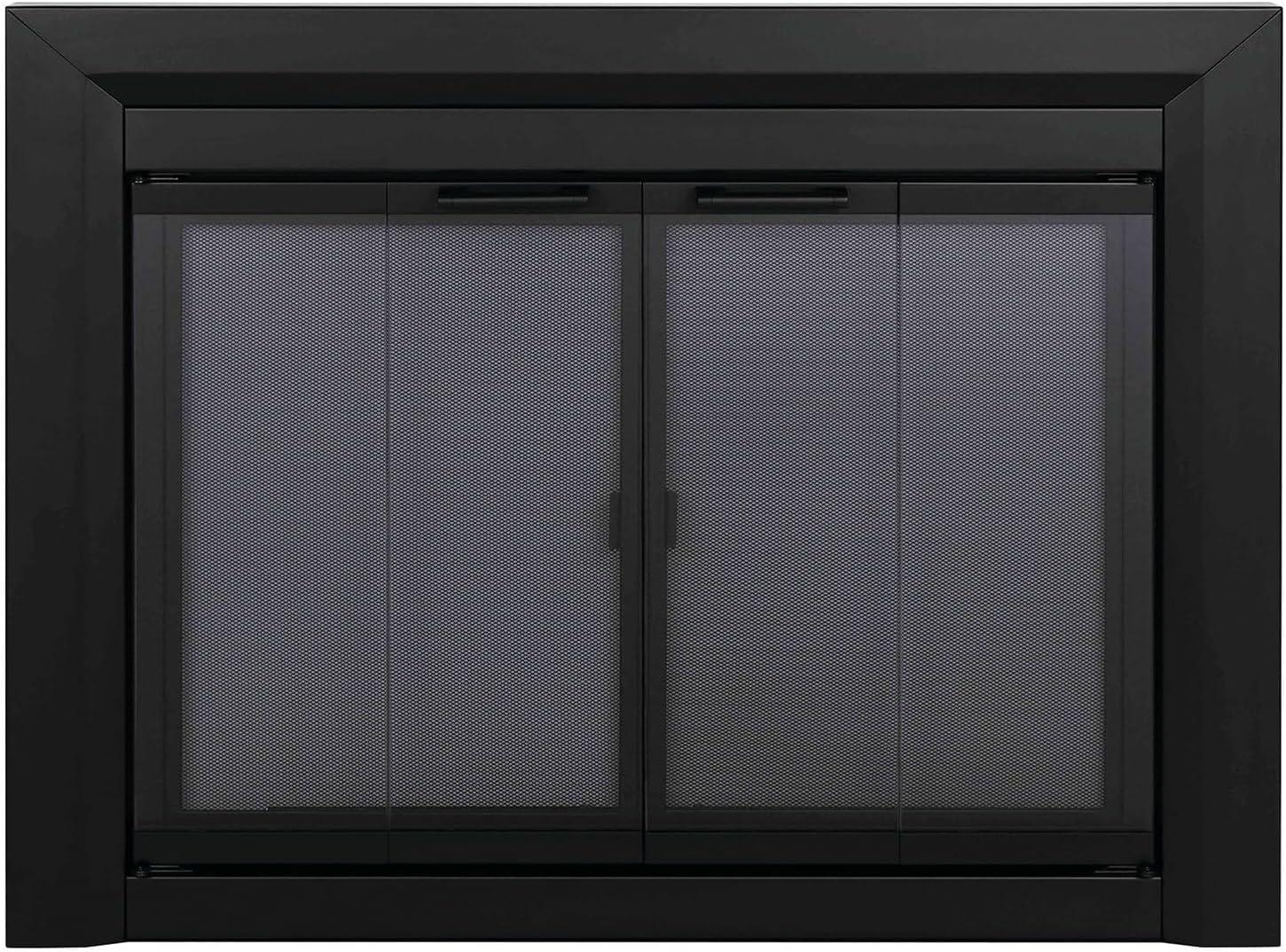 Pleasant Hearth Clairmont Fireplace Screen and Bi-Fold Track-Free Smoked Glass Doors - Black