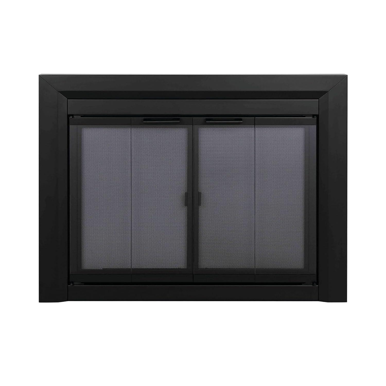 Pleasant Hearth Clairmont Fireplace Screen and Bi-Fold Track-Free Smoked Glass Doors - Black