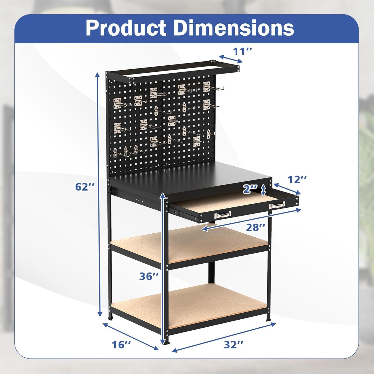 Topcobe 32 x 16 Inch Workbench Work Table with 2 PCs Pegboard Drawer and Shelves, Modern Furniture for Indoor-Black