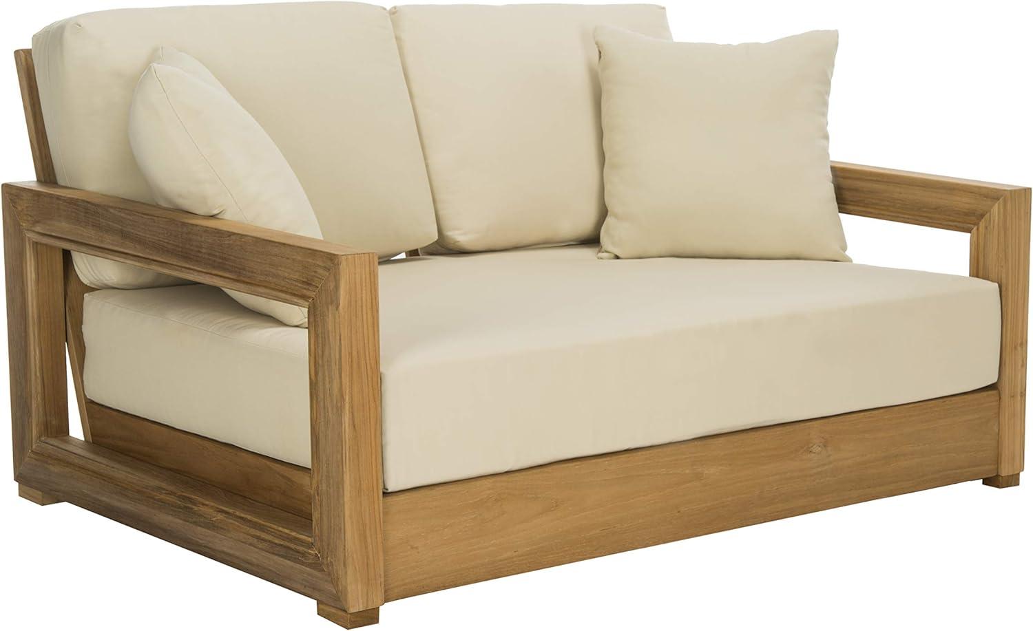 SAFAVIEH OUTDOOR COUTURE Montford 2-Seat Bench Natural Teak / Beige