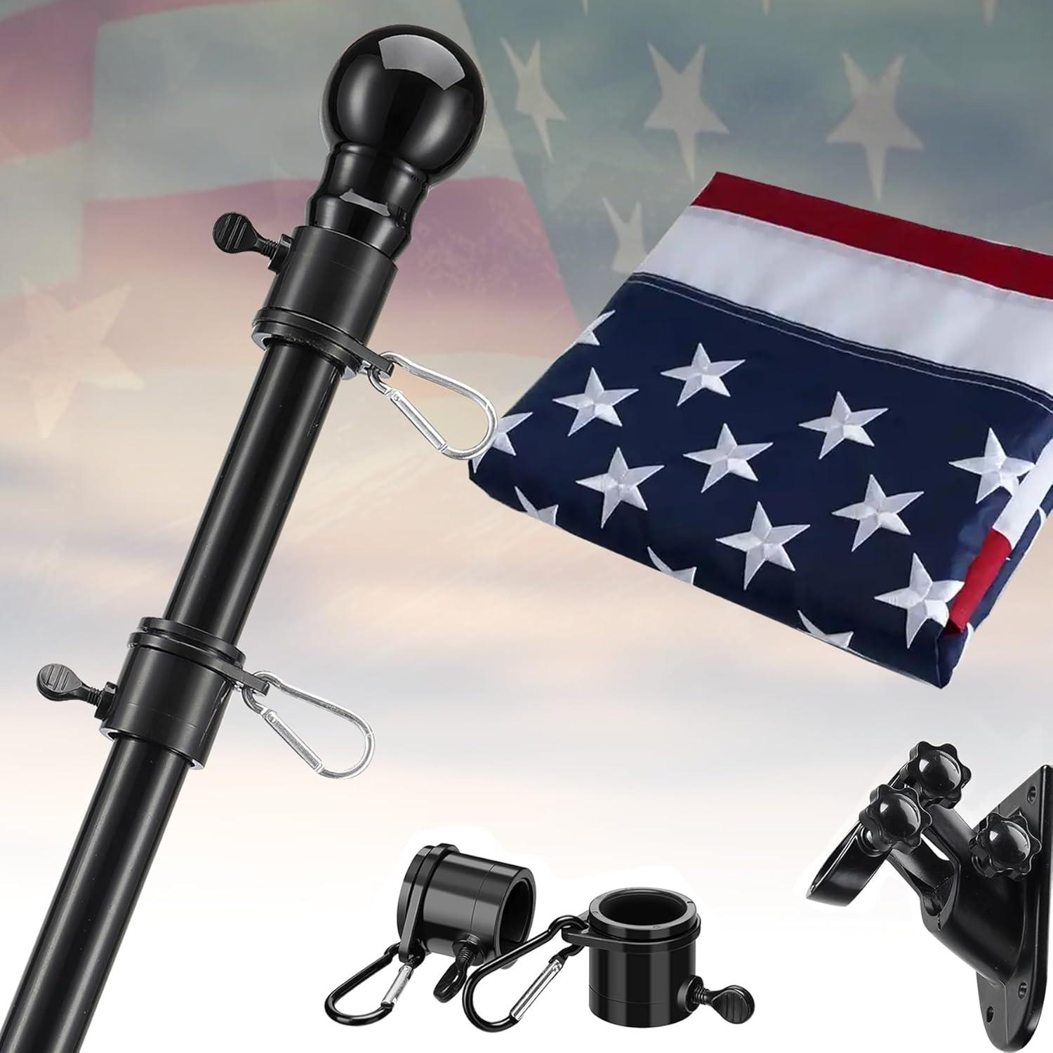 Black 6ft Stainless Steel Flag Pole Kit with Embroidered US Flag and Bracket