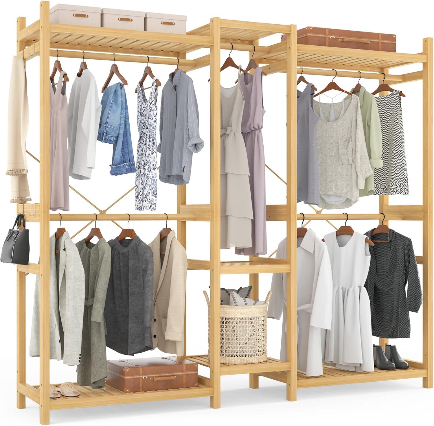 Natural Bamboo Freestanding Closet System with Shelves and Rods